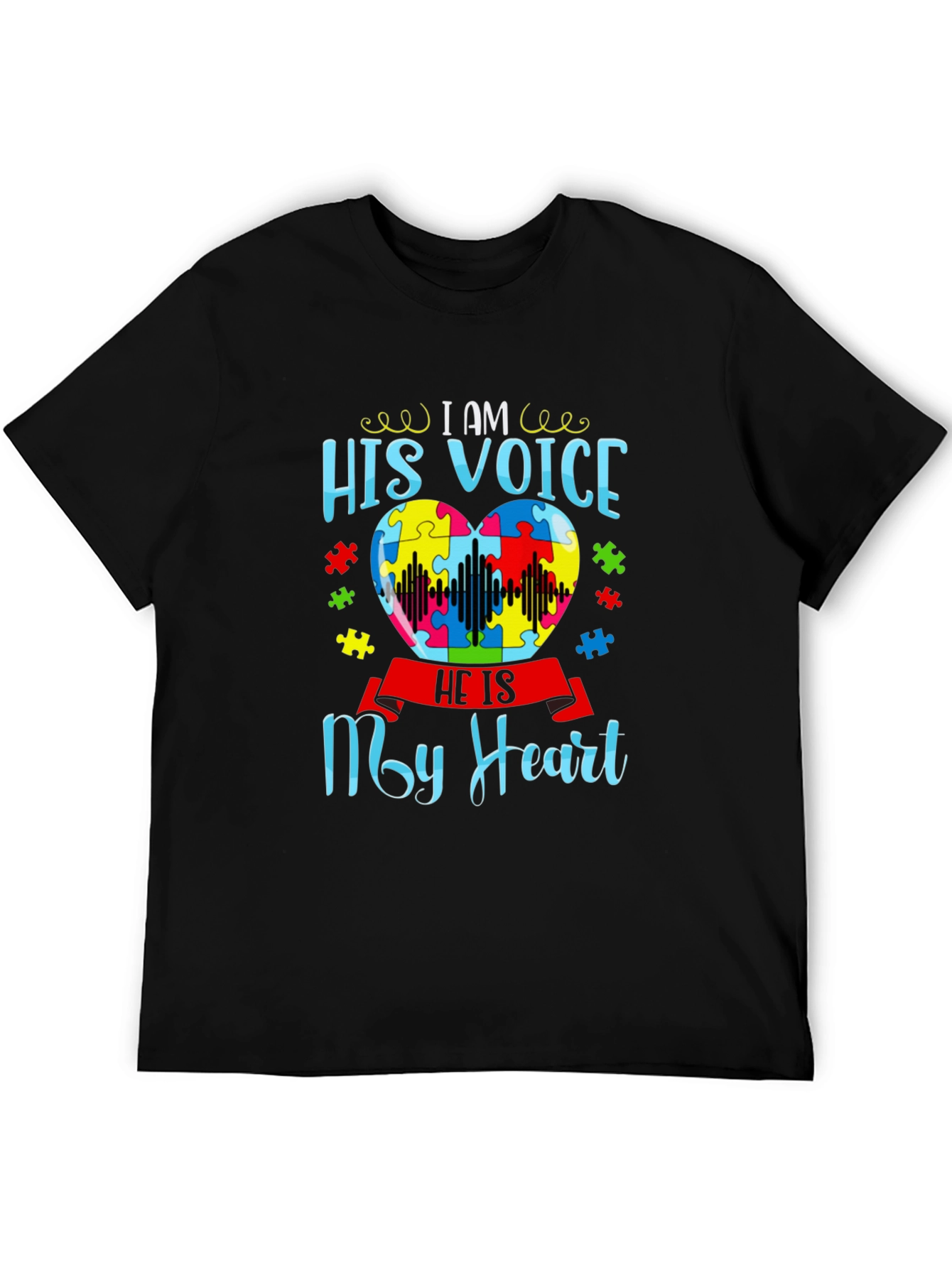 Black Autism Awareness 'His Voice My Heart' T-Shirt view 5