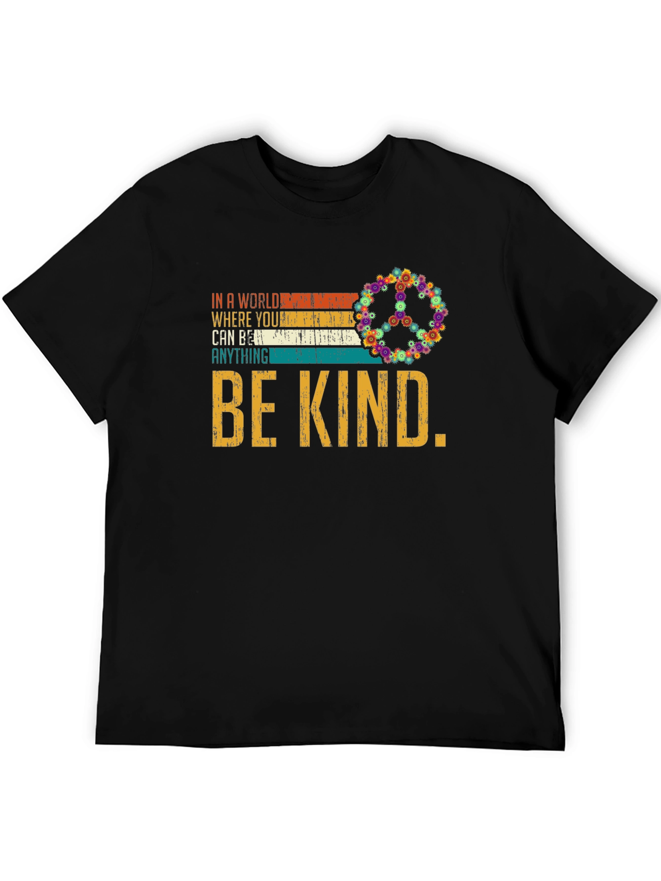 Black Be Kind T-Shirt - Floral Peace Sign - Inspiring Message view 5