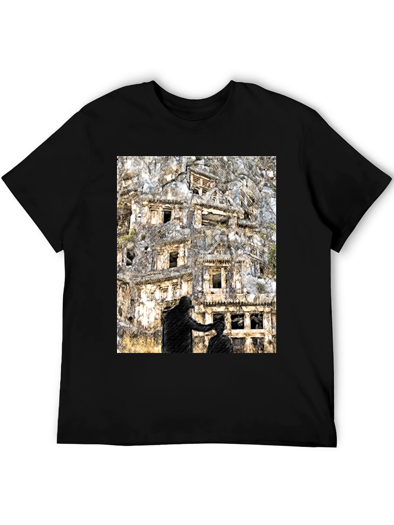 Black Urban Sketch Tee: Barber Shop Graphic Print view 5