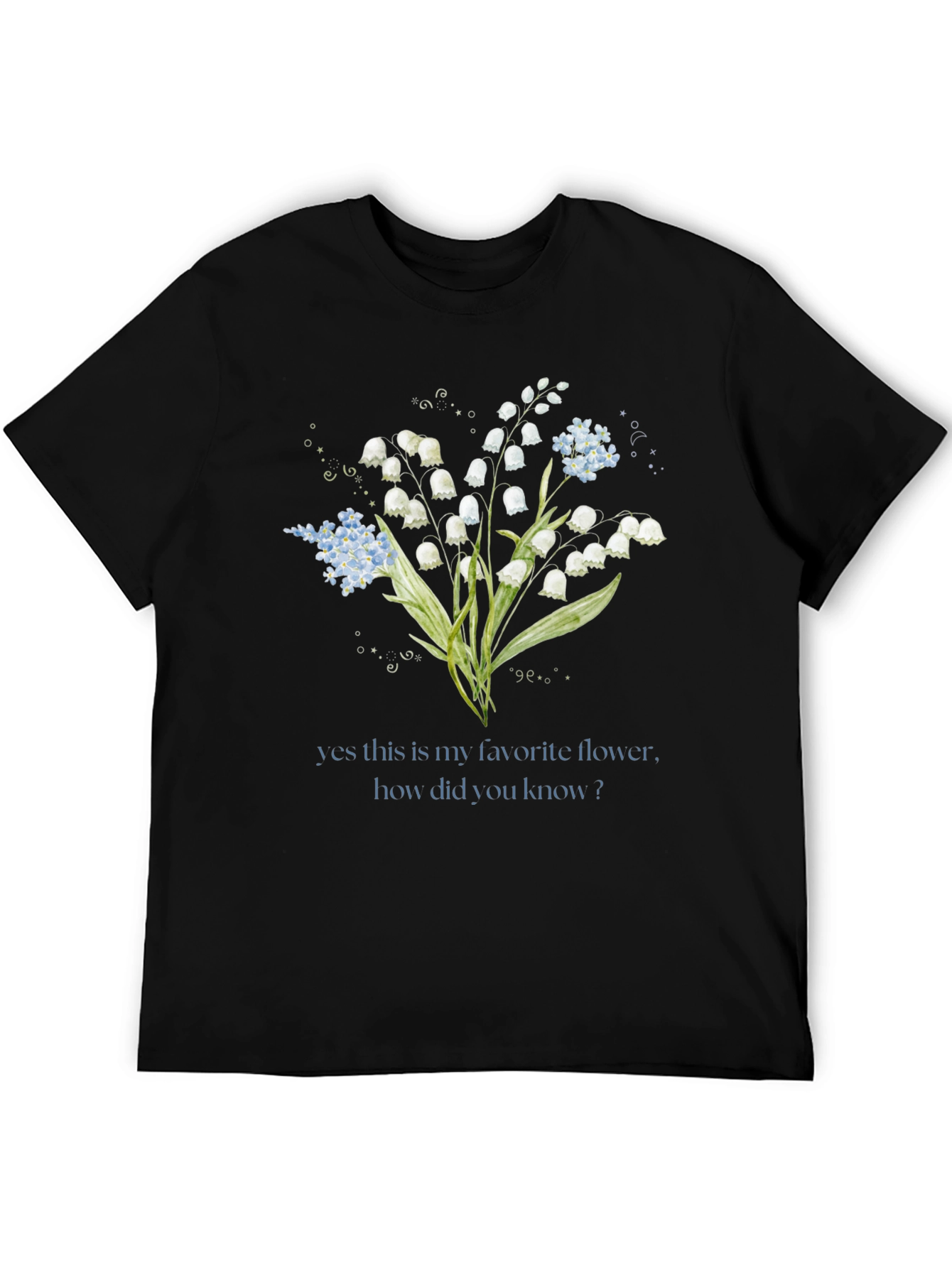 Black Floral Graphic T-Shirt - Lily of the Valley Design view 5