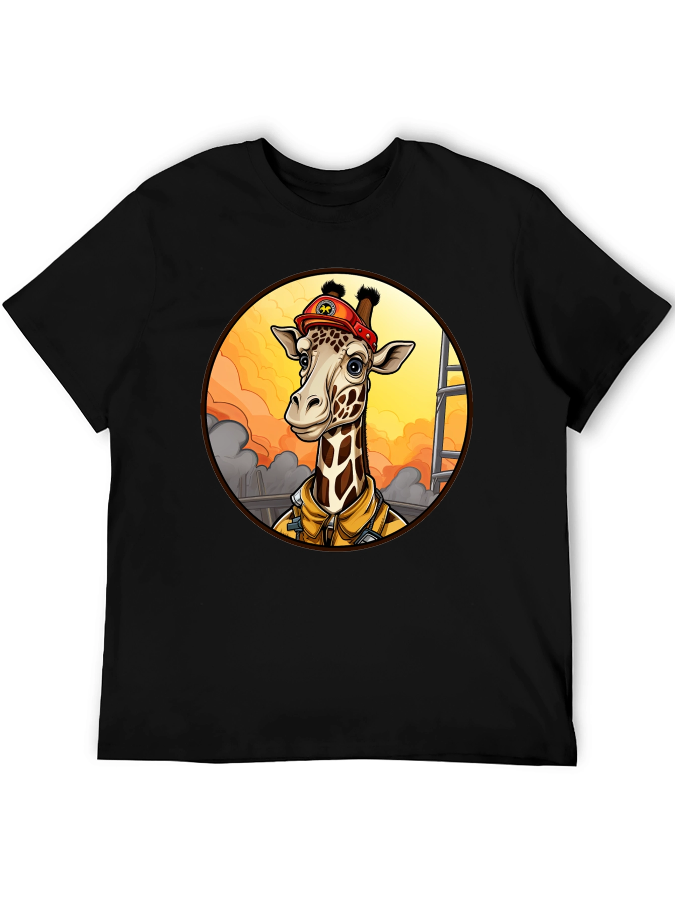 Black Giraffe Firefighter T-Shirt - Unique Cartoon Design view 5