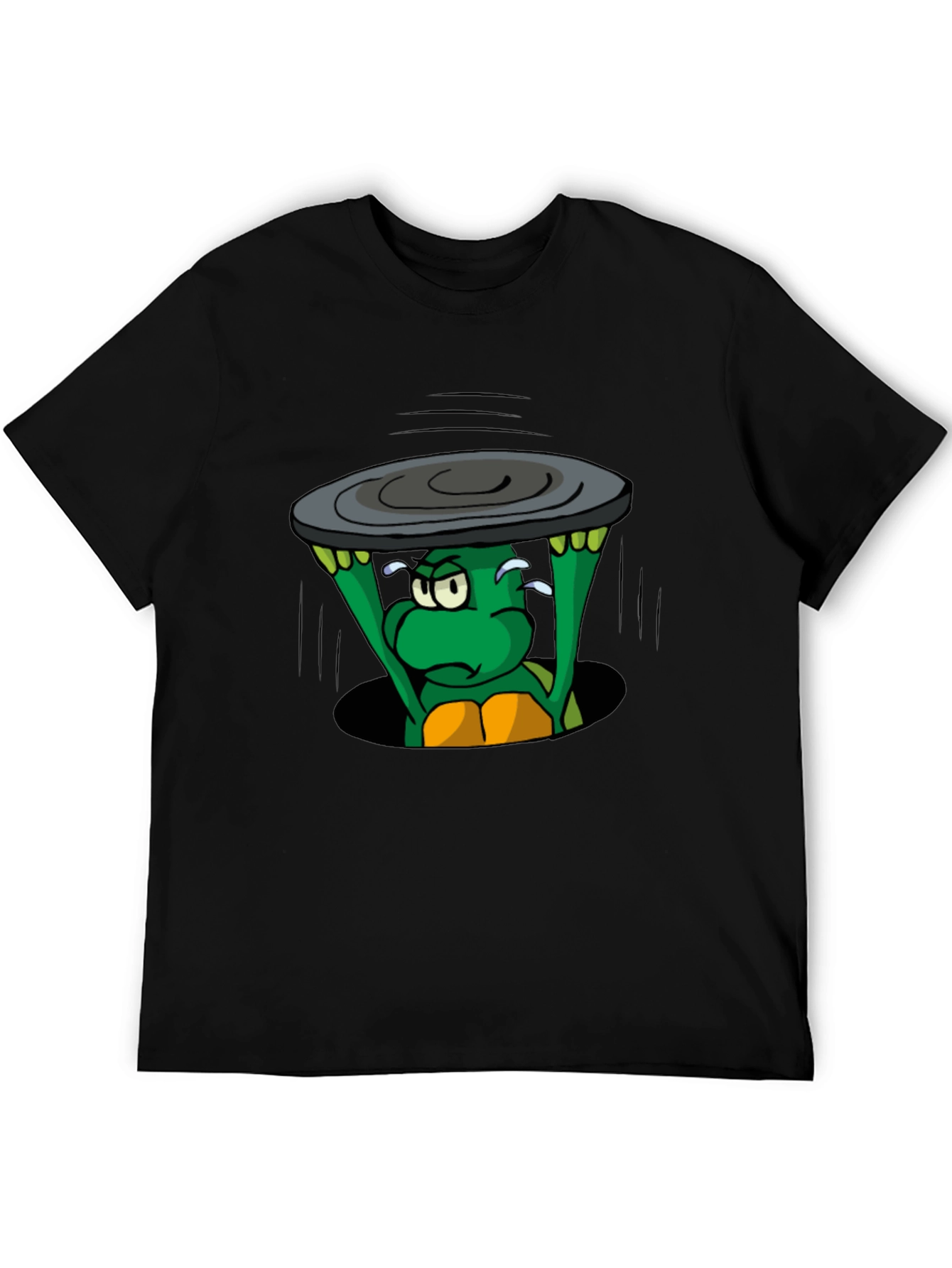 Black Cartoon Turtle Lifting Manhole Cover Black T-Shirt view 5