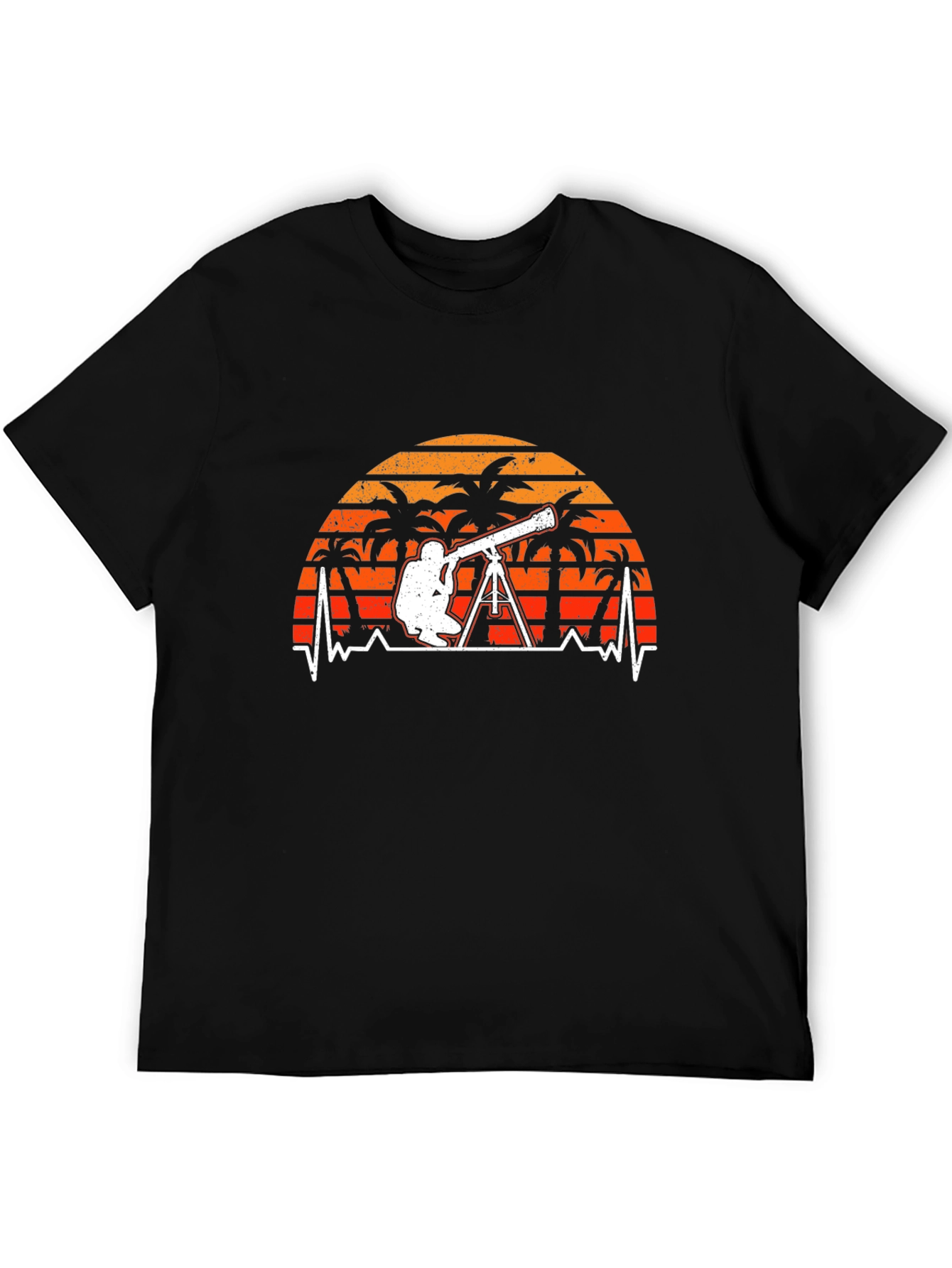 Black Astronomy T-Shirt: Telescope Heartbeat Sunset Design view 5