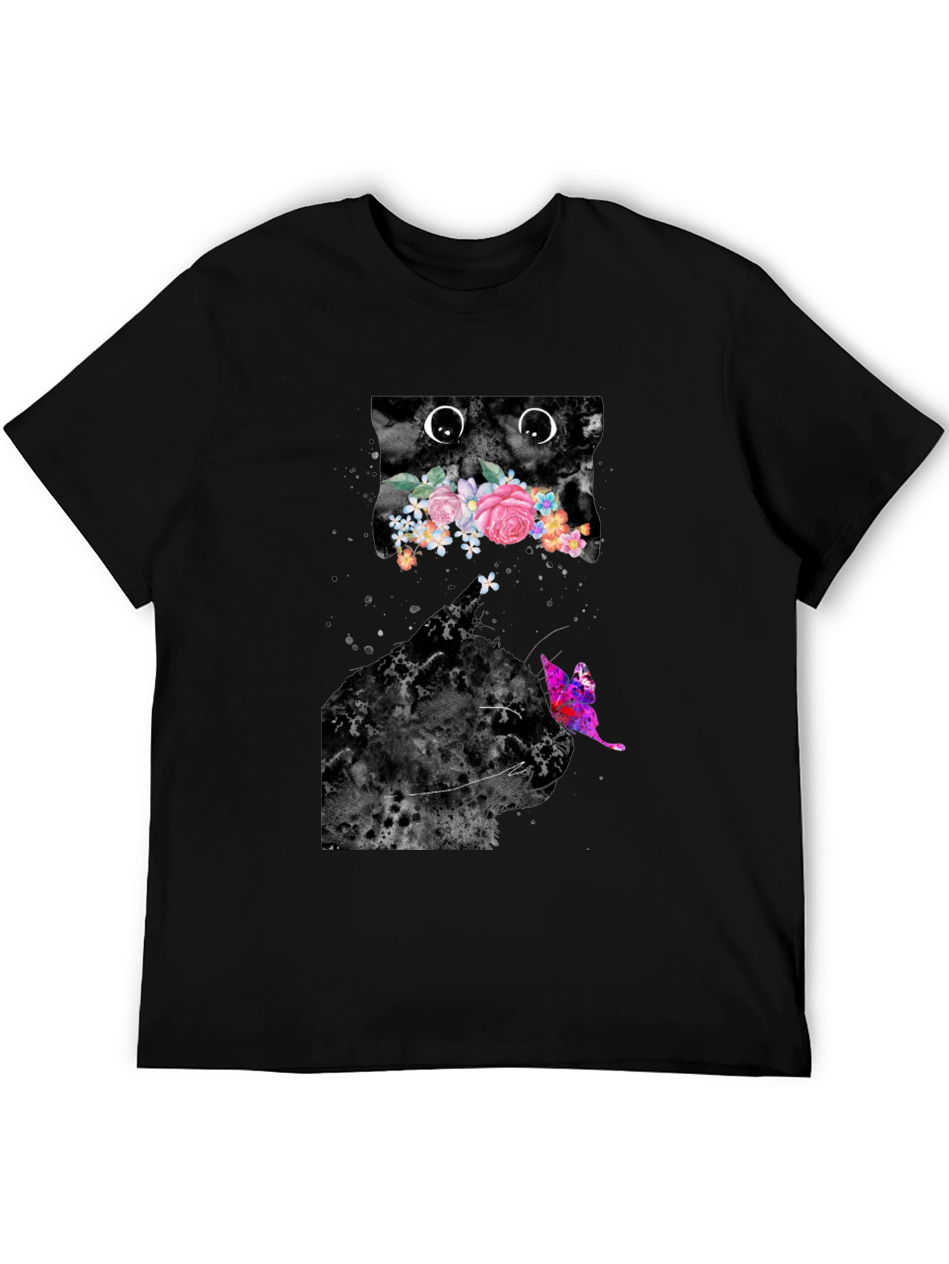 Black Floral Cat Graphic Tee - Trendy Men's Black T-Shirt view 5
