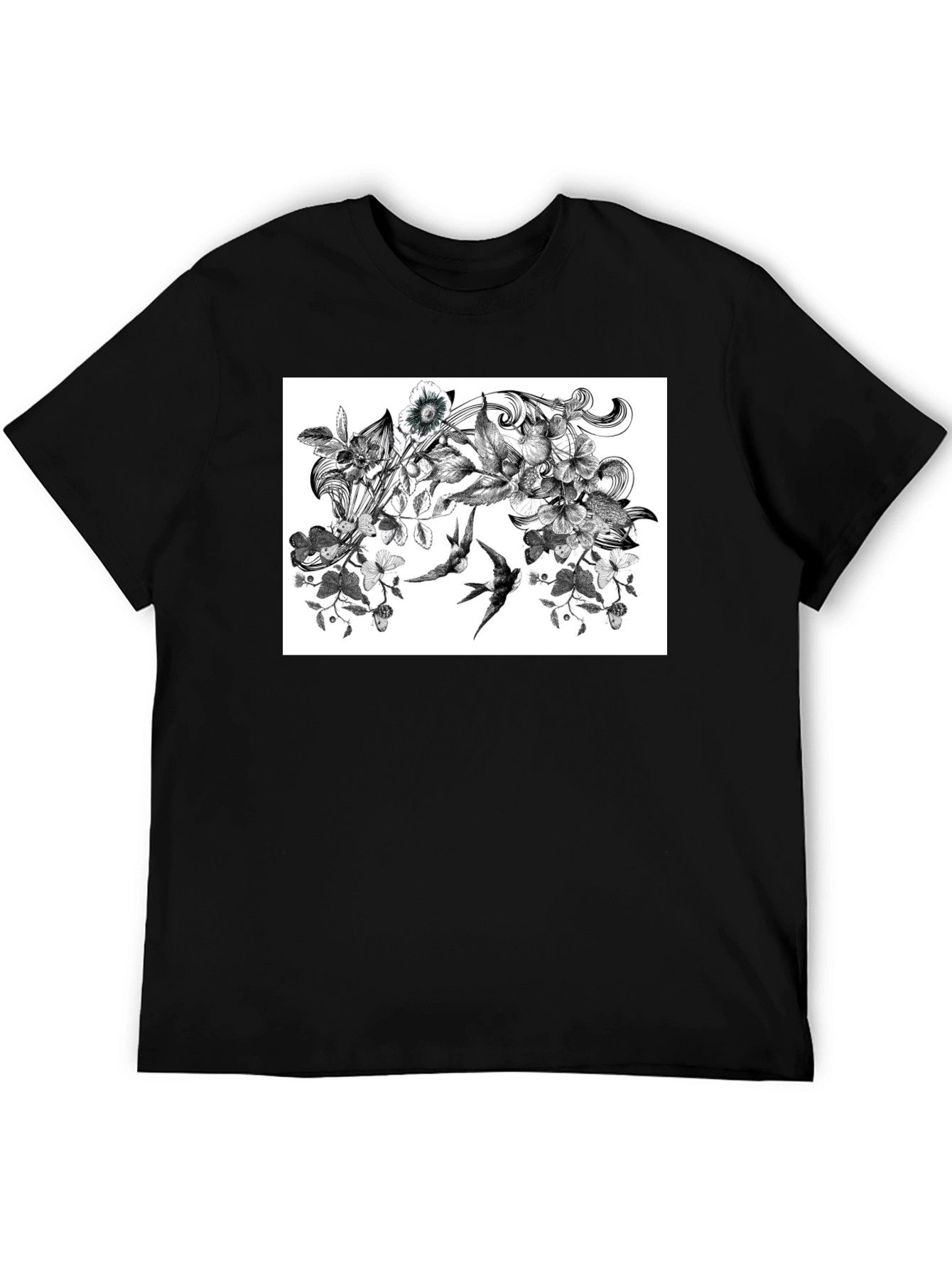 Black Botanical Swallow T-Shirt - Artistic Black Tee view 5