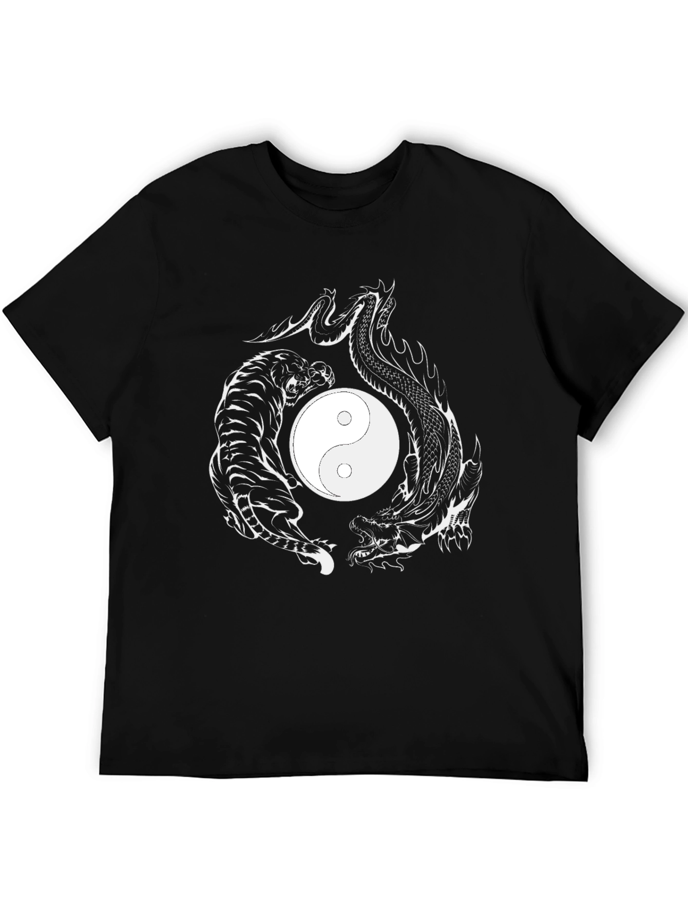 Black Yin Yang Dragon Tiger Graphic Tee - Black Cotton view 5