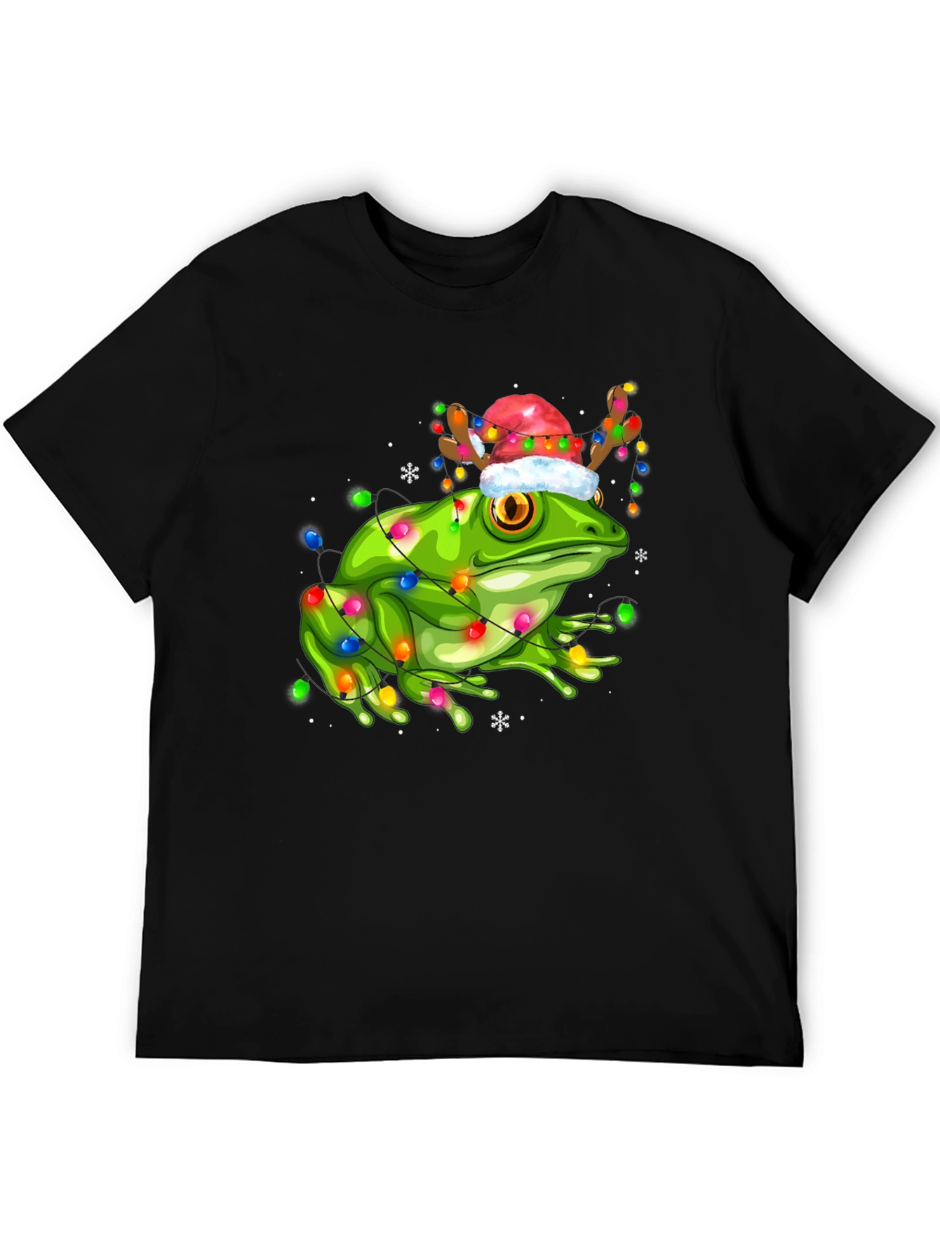 Black Festive Frog Tee: Christmas Lights & Reindeer Hat view 5