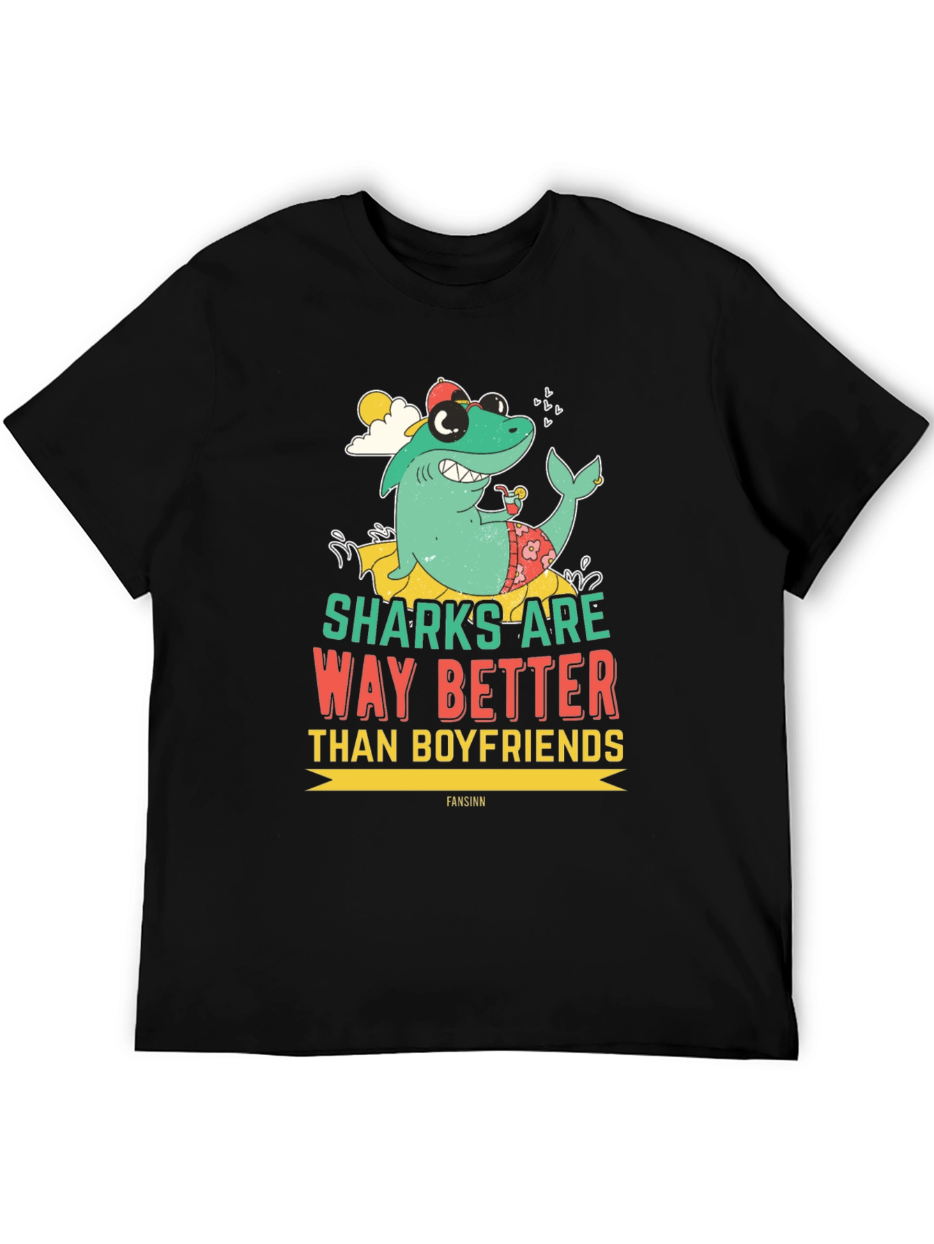 Black Funny Shark Graphic Novelty Men's T-Shirt view 5