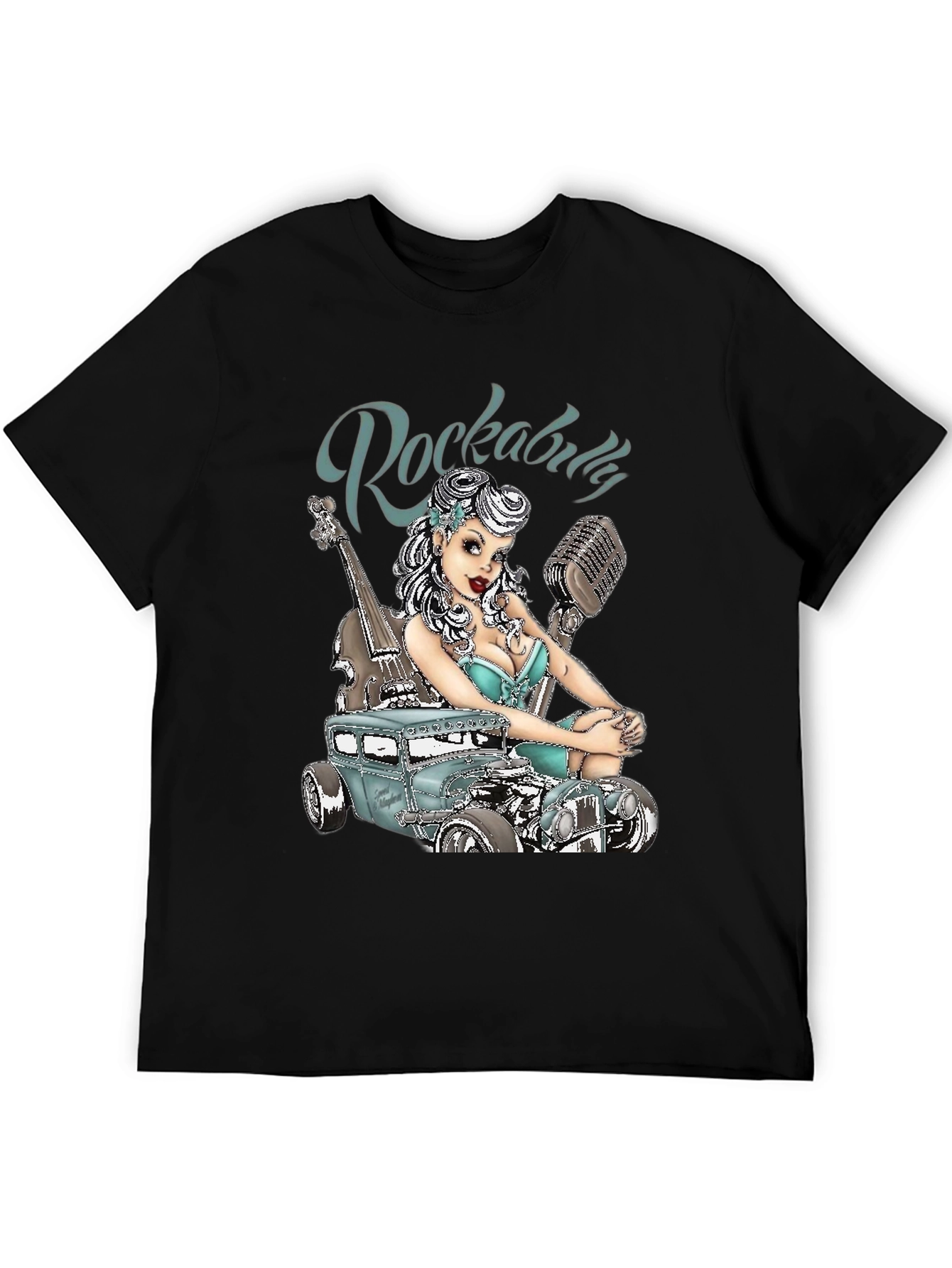 Black Rockabilly Style T-Shirt with Car & Pin-up Girl Design view 5