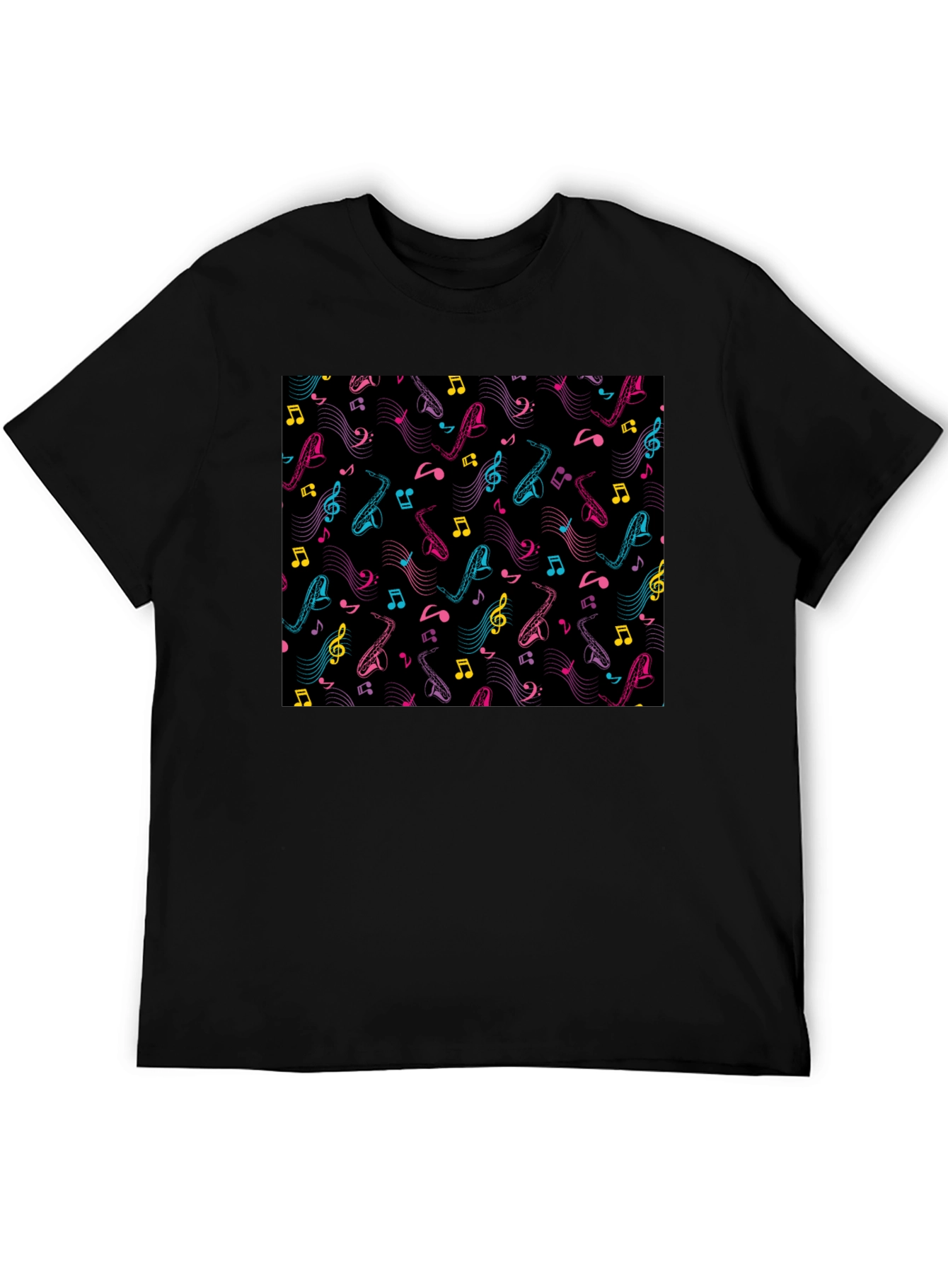 Black Musical Saxophone Pattern T-Shirt - Black view 5