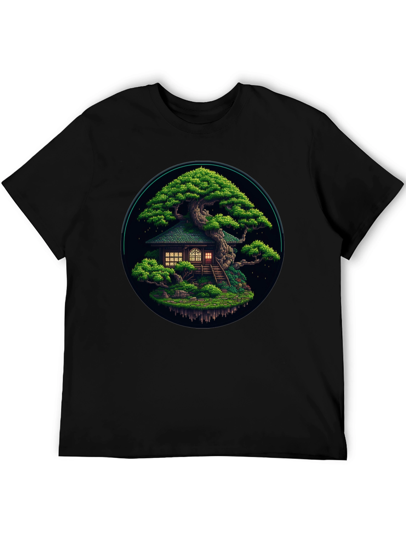 Black Pixel Art Bonsai Tree House Black T-Shirt view 5