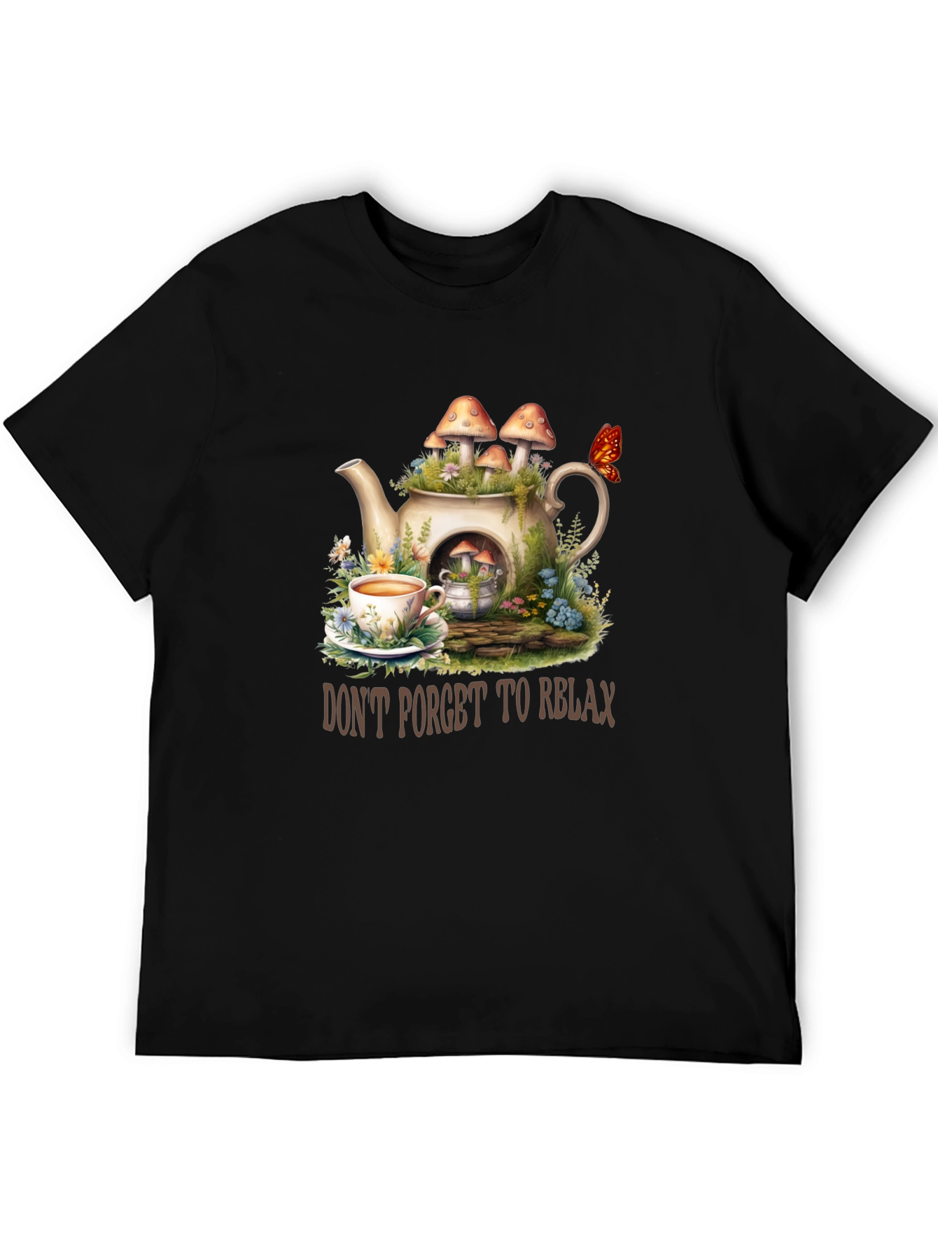 Black Relaxing Tea Party T-Shirt - Mushroom Teapot Design view 5