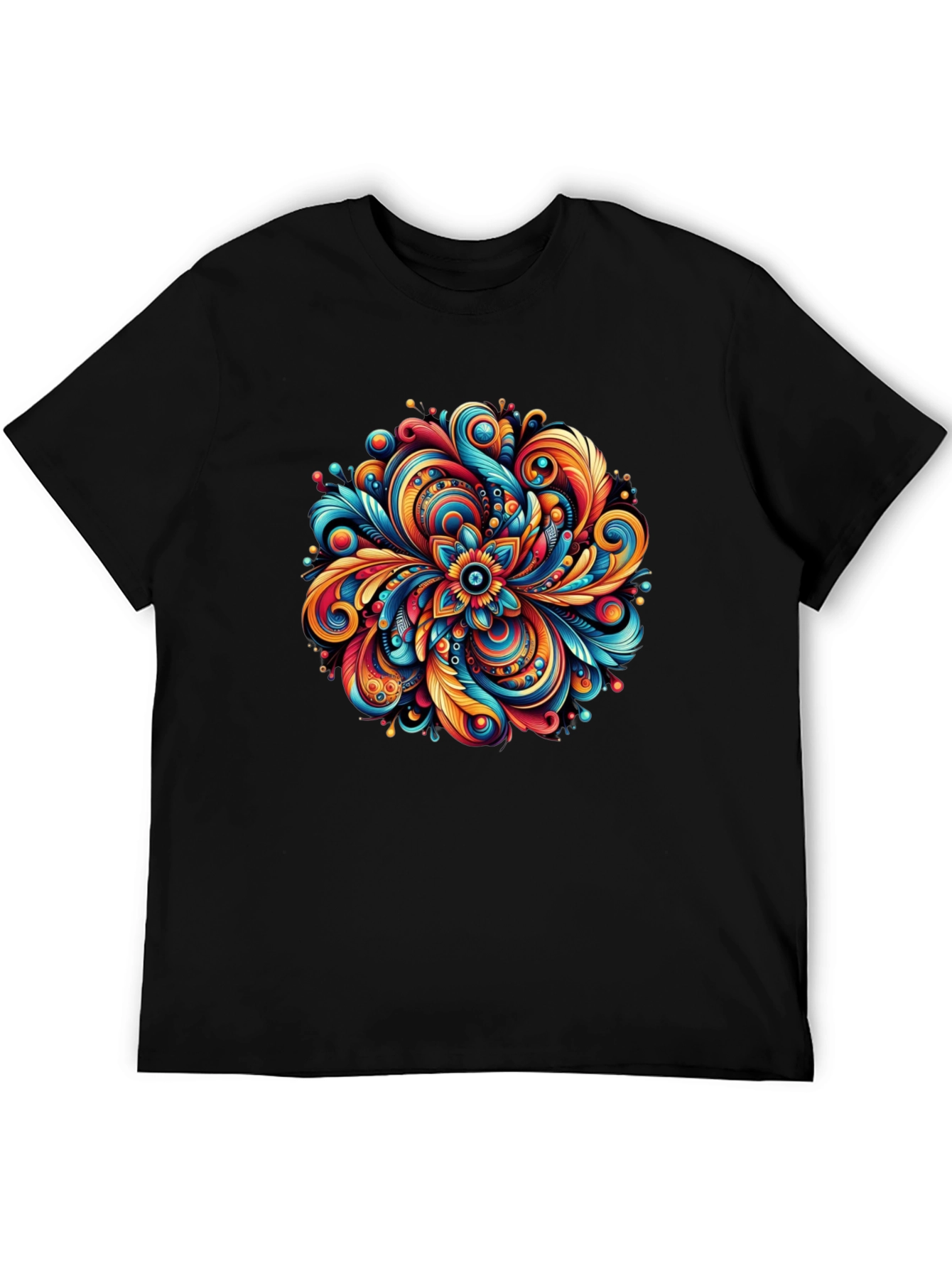 Black Vibrant Floral Mandala Graphic Tee - Black Cotton Comfort view 5
