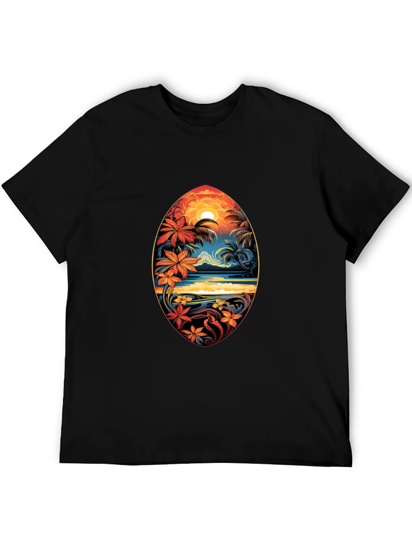 Black Tropical Island Surfboard Design Black T-Shirt view 5