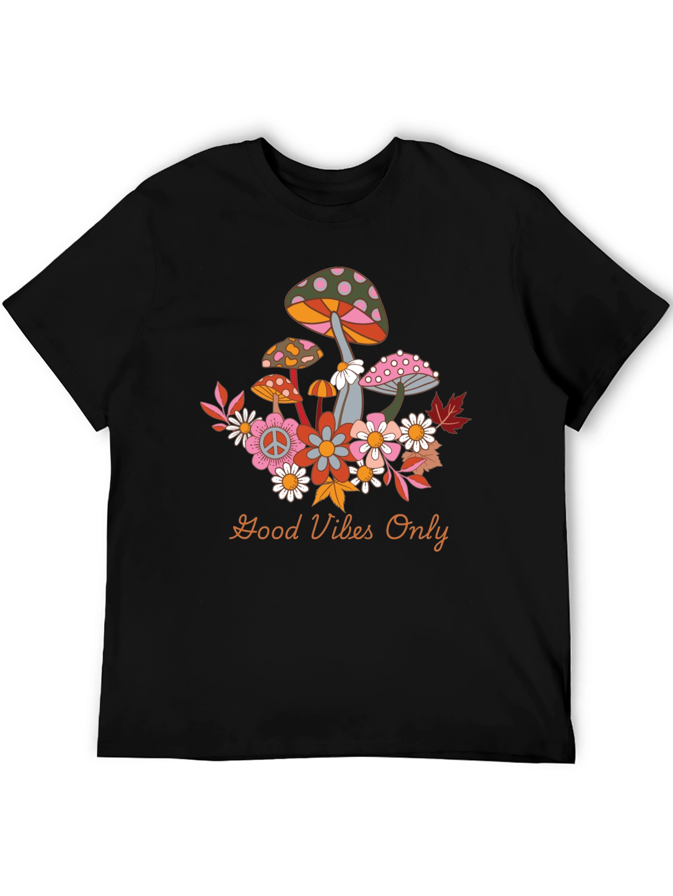 Black Groovy Mushroom & Flower Graphic Tee - Good Vibes Only! view 5