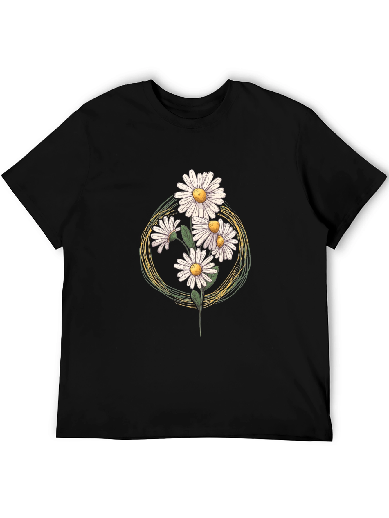 Black Daisy Graphic Print T-Shirt - Black Cotton Tee view 5