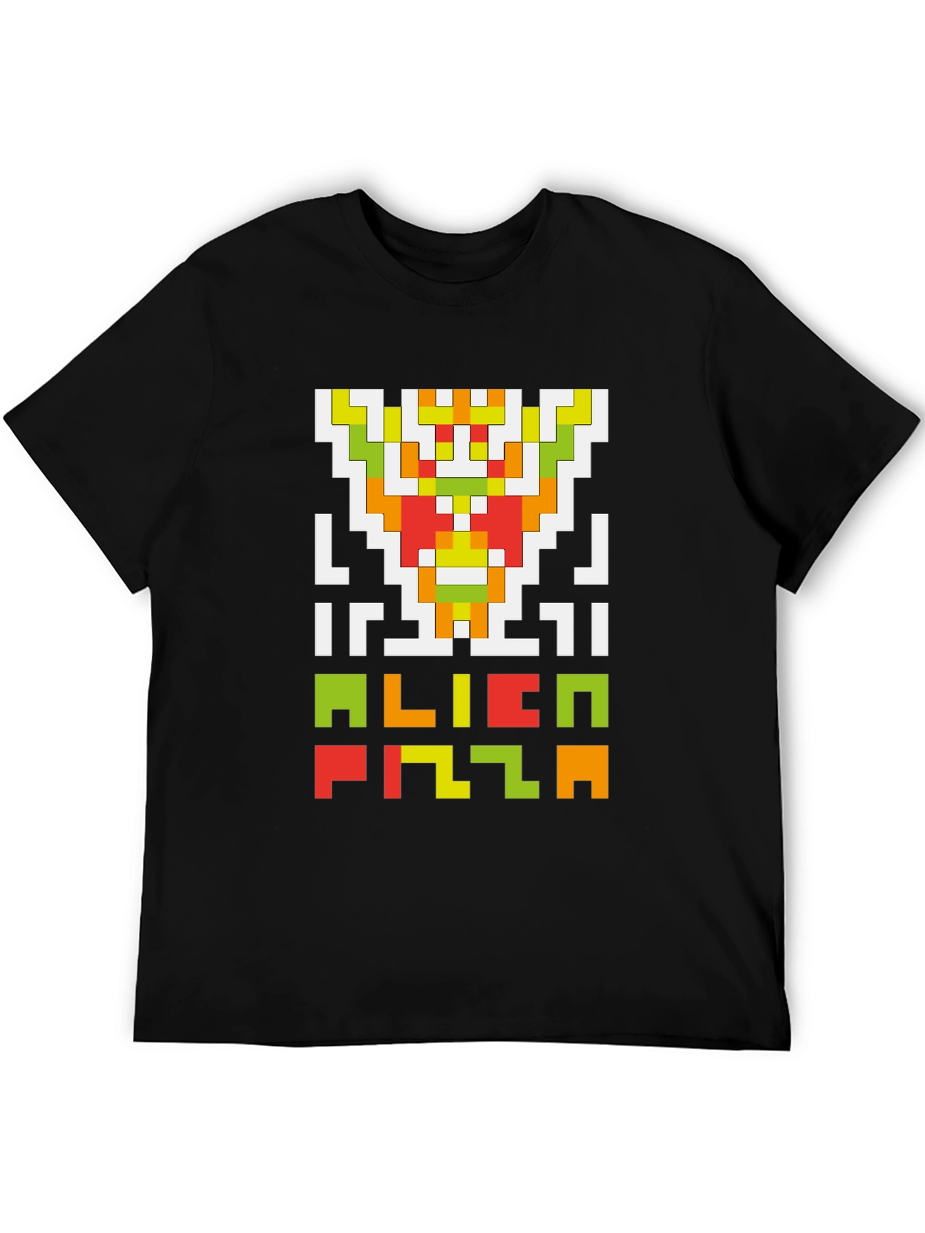 Black Alien Pizza Pixel Art Black T-Shirt view 5