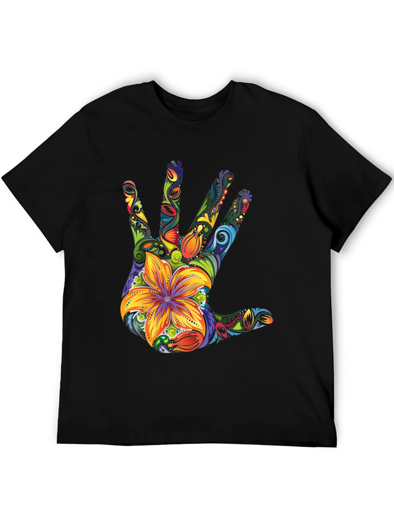 Black Floral Hand Print Black T-Shirt view 5