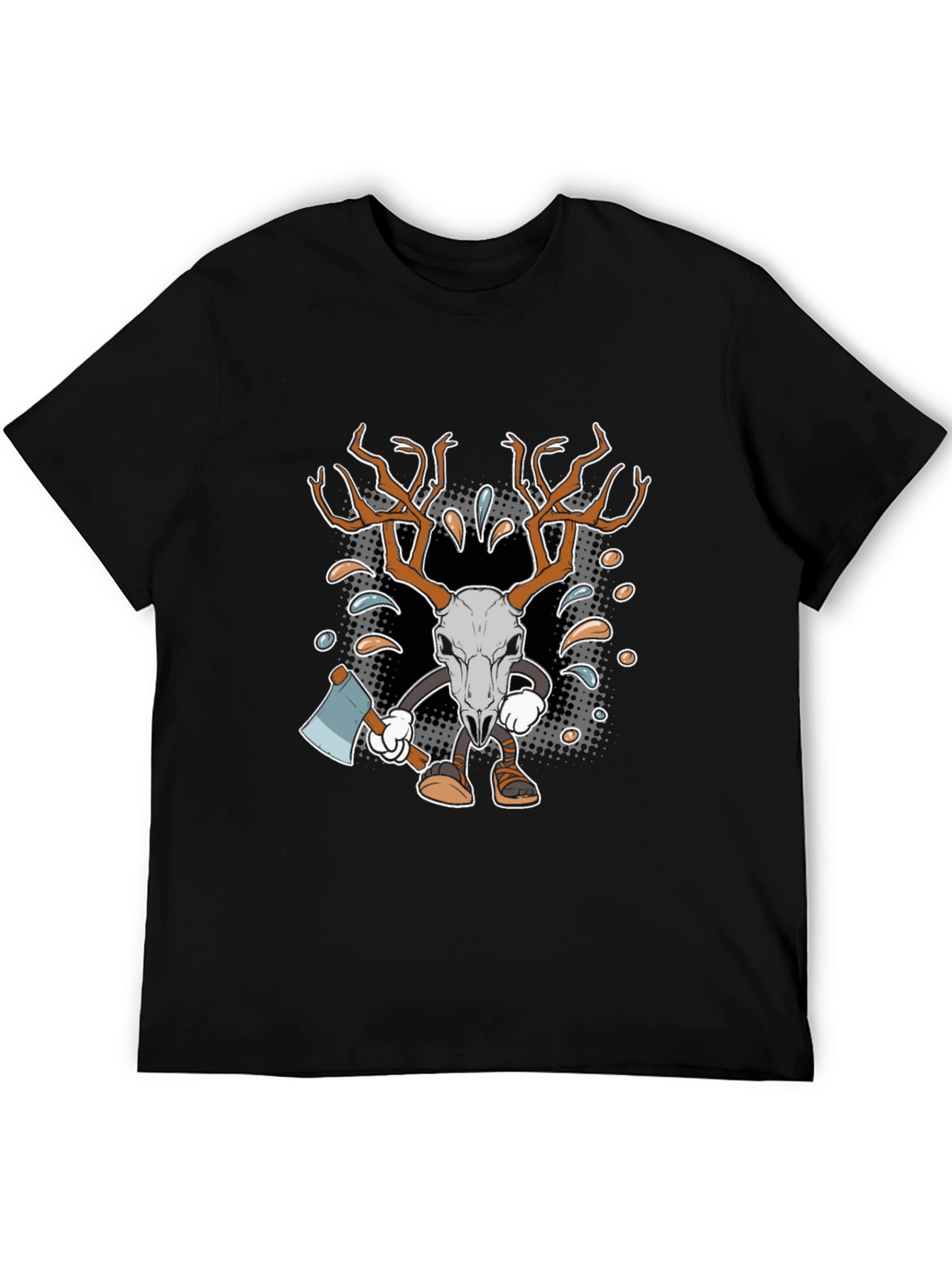 Black Cartoon Deer Skull Axe T-Shirt view 5