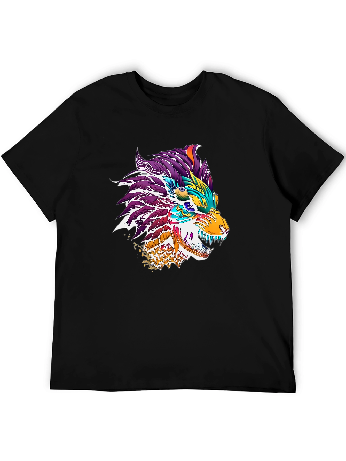 Black Colorful Dragon Wolf Graphic Tee - Black view 5