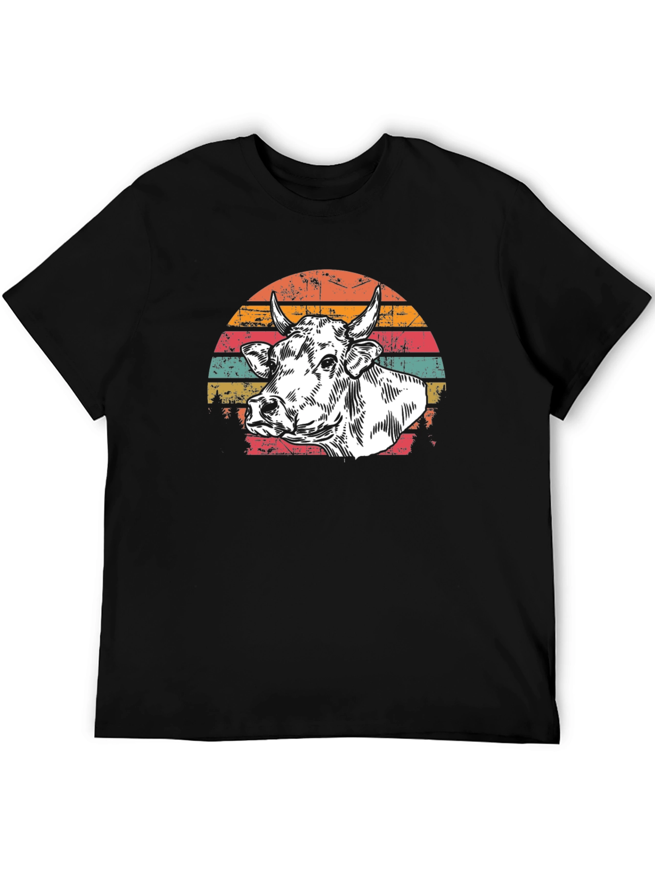 Black Vintage Cow Graphic Tee - Retro Sunset Design view 5