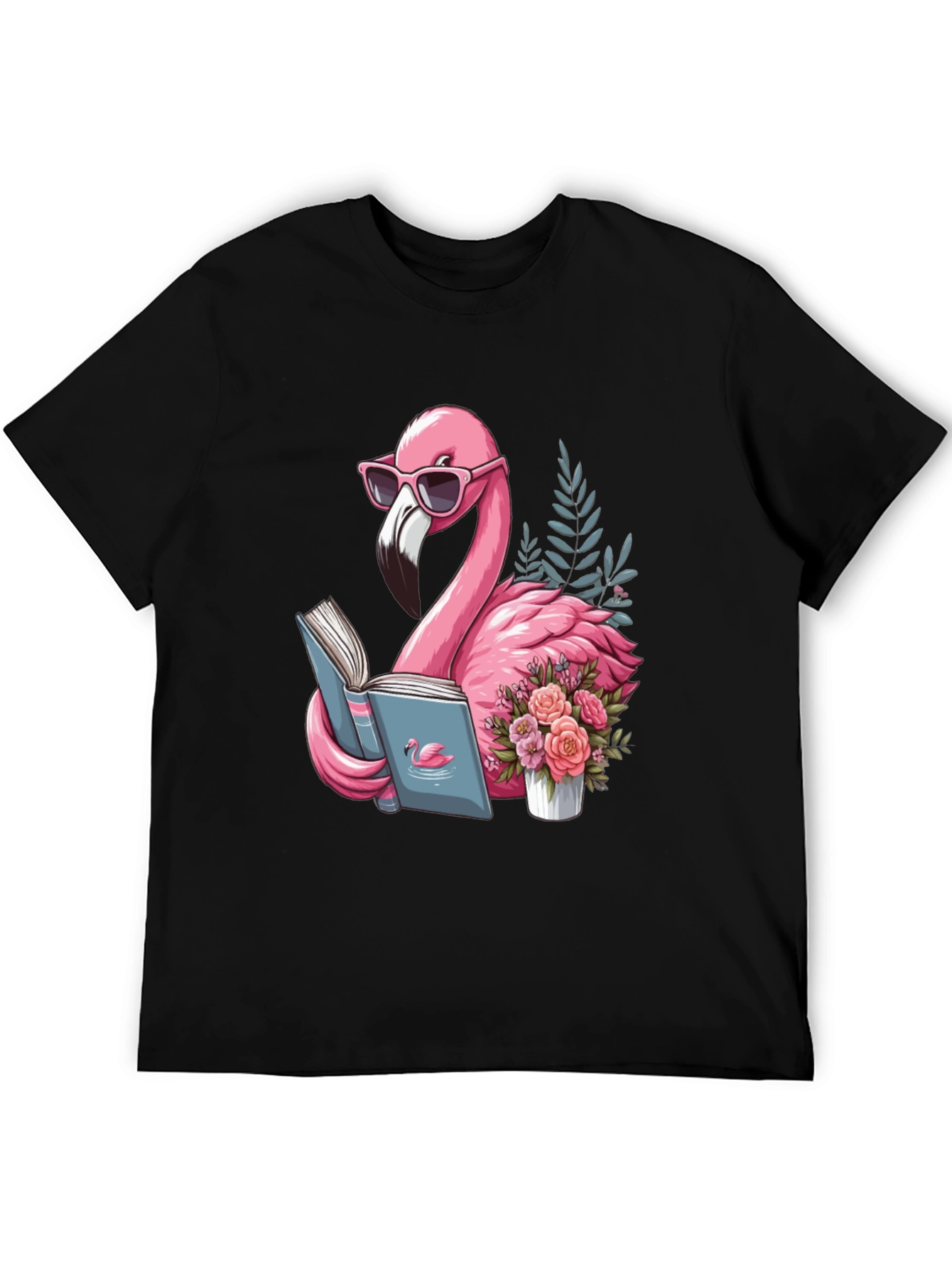 Black Flamingo Reading T-Shirt - Black Cotton Tee view 5