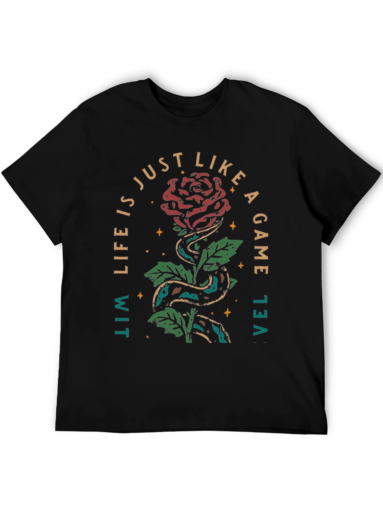 Black Rose & Snake Graphic Tee - Life is a Game T-Shirt view 5