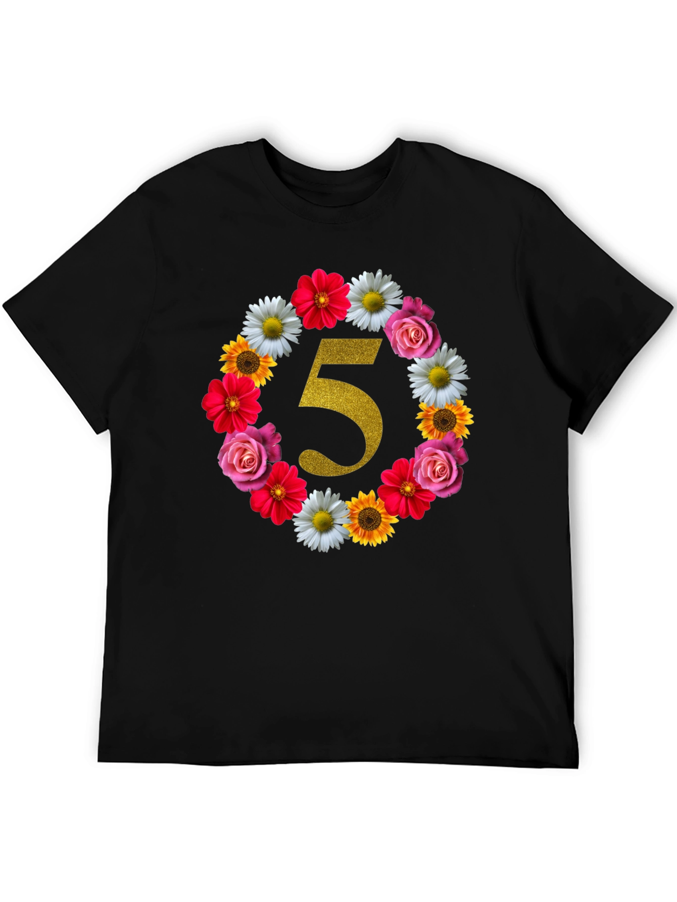 Black Floral Number 5 Birthday T-Shirt view 5