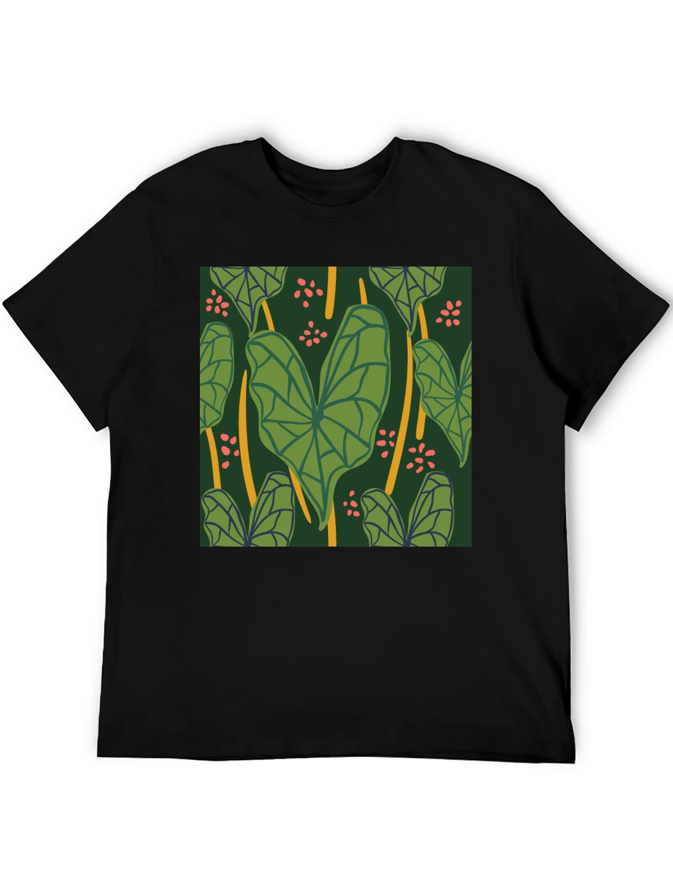 Black Tropical Leaf Pattern Black T-Shirt view 5
