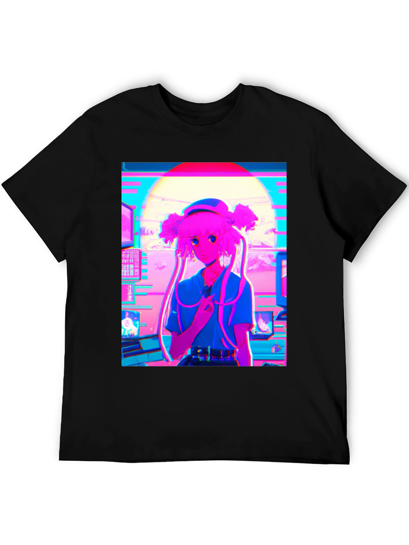 Black Vaporwave Anime Girl Graphic T-Shirt view 5