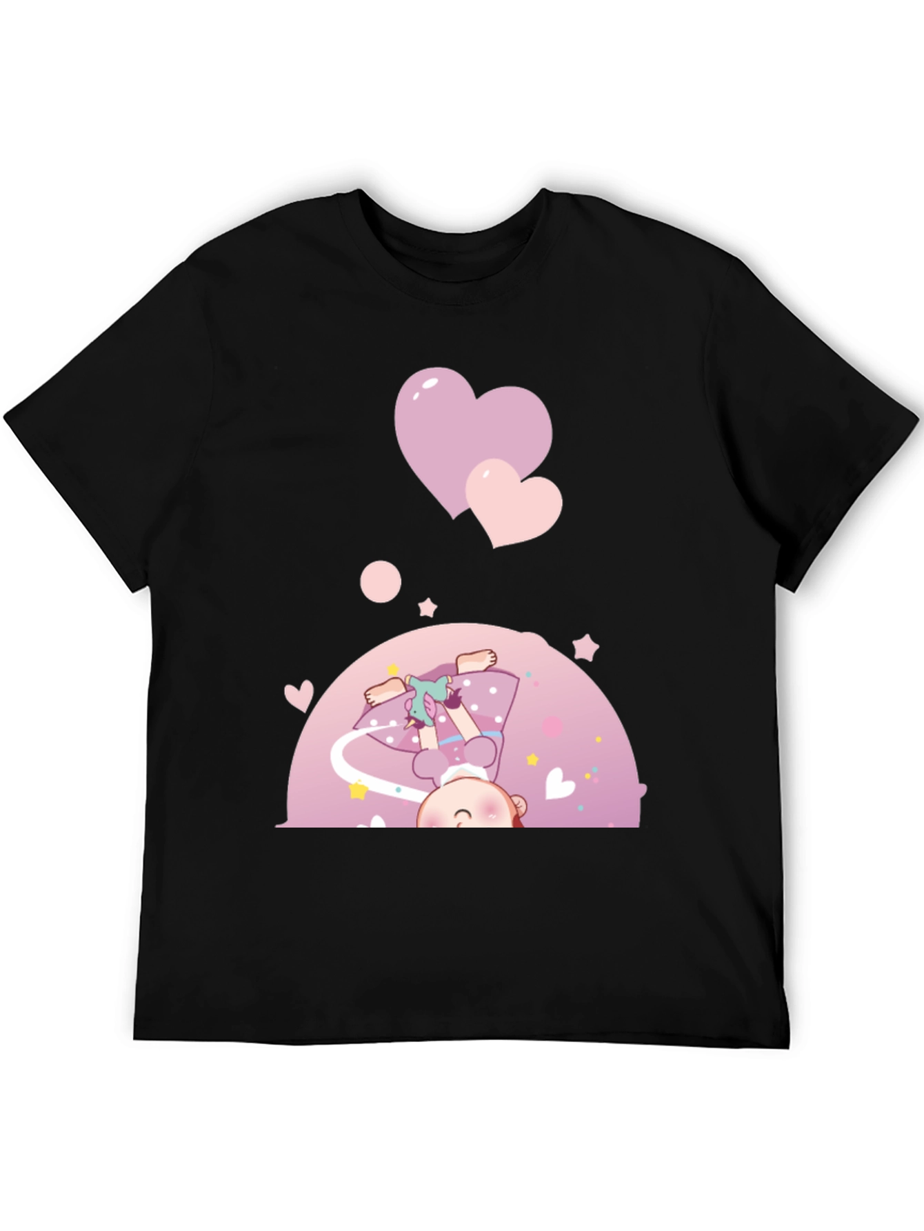 Black Cute Cartoon Girl with Hearts Black T-Shirt view 5