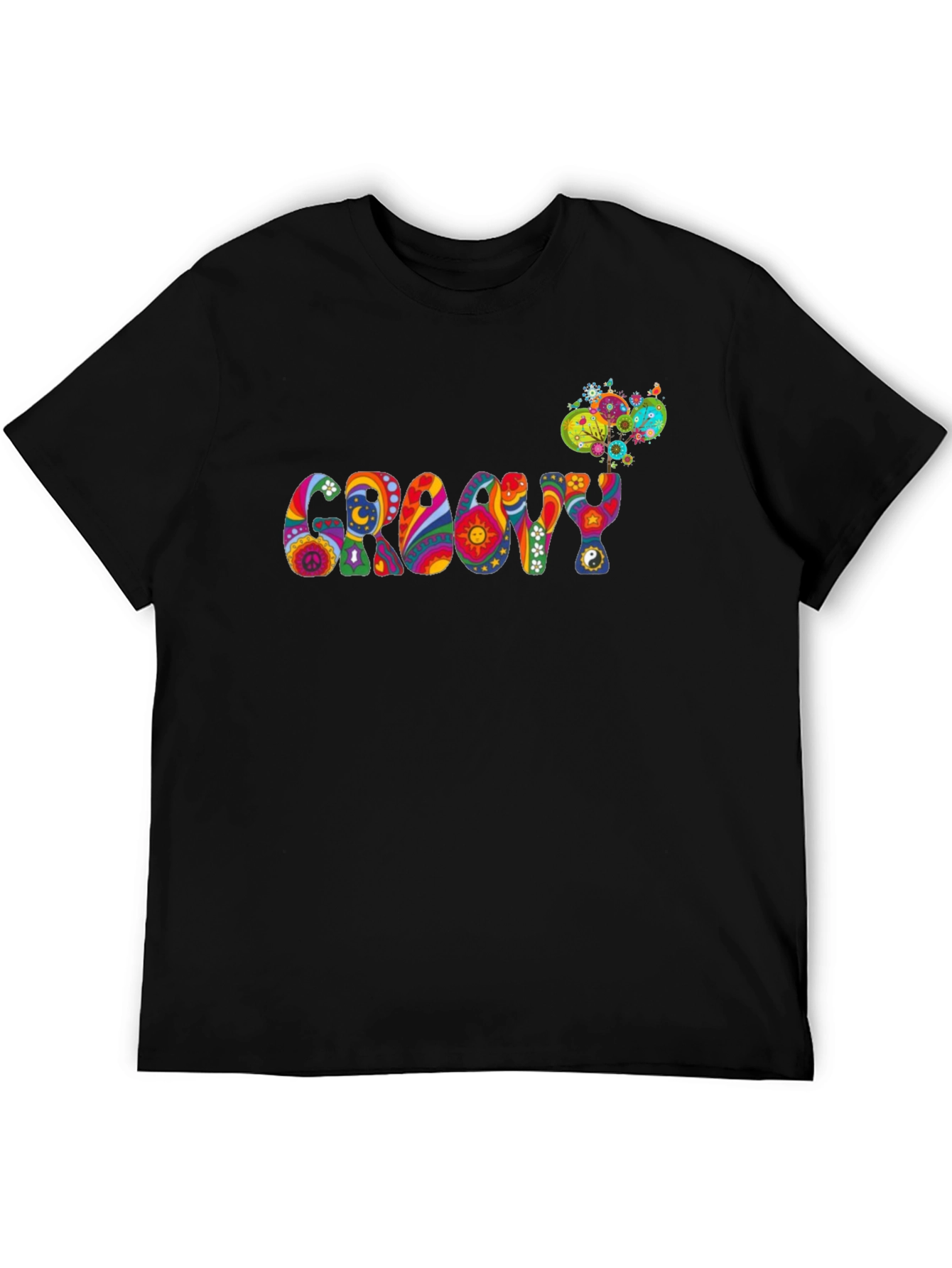 Black Groovy Psychedelic Patterned Black T-Shirt view 5
