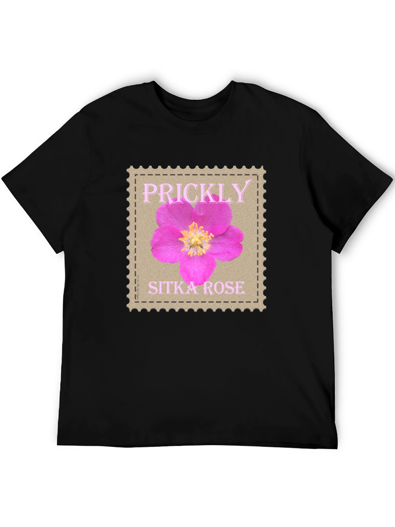 Black Prickly Sitka Rose Stamp Style T-Shirt view 5