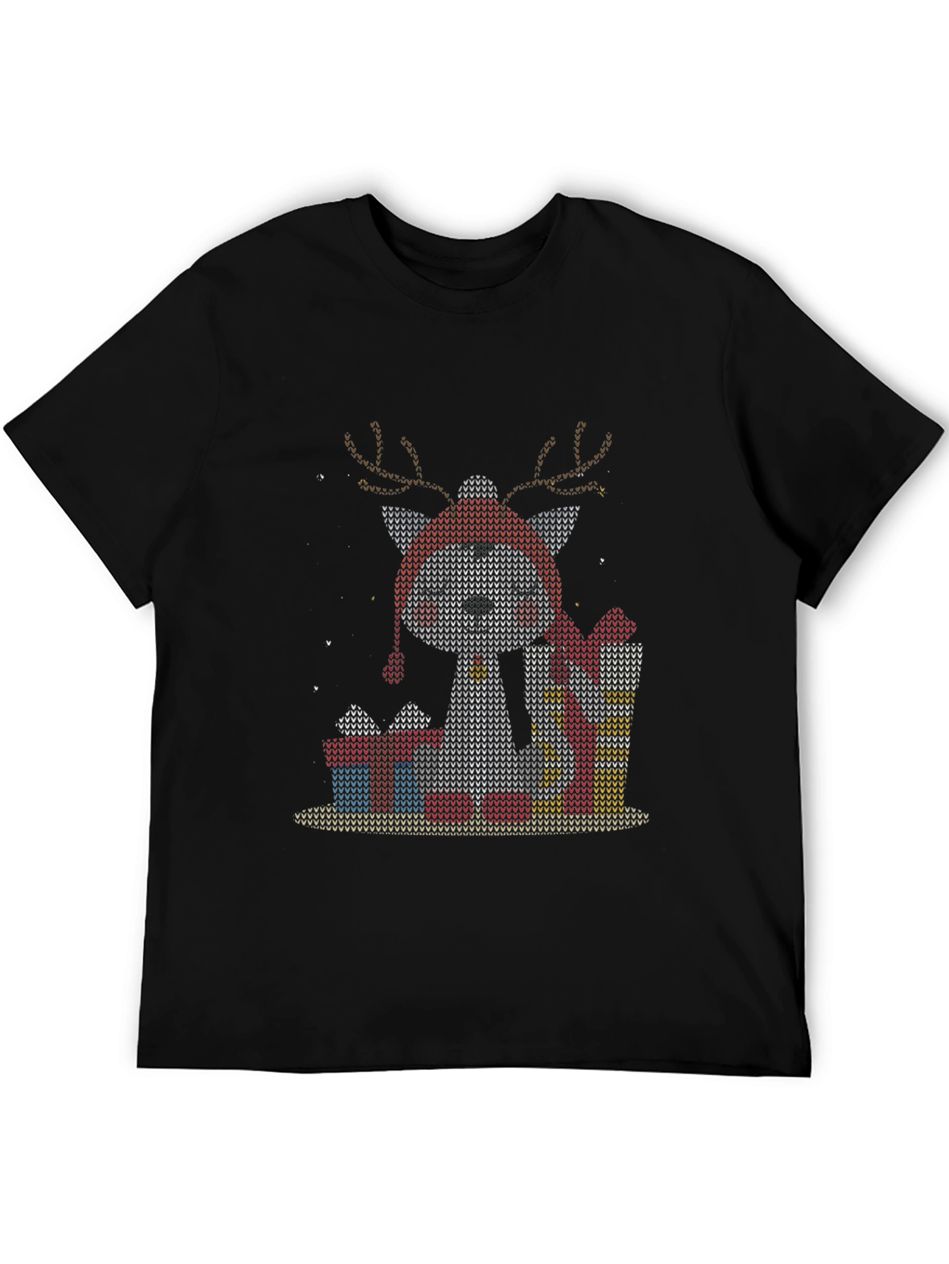 Black Festive Reindeer Dog Knit Pattern Tee view 5