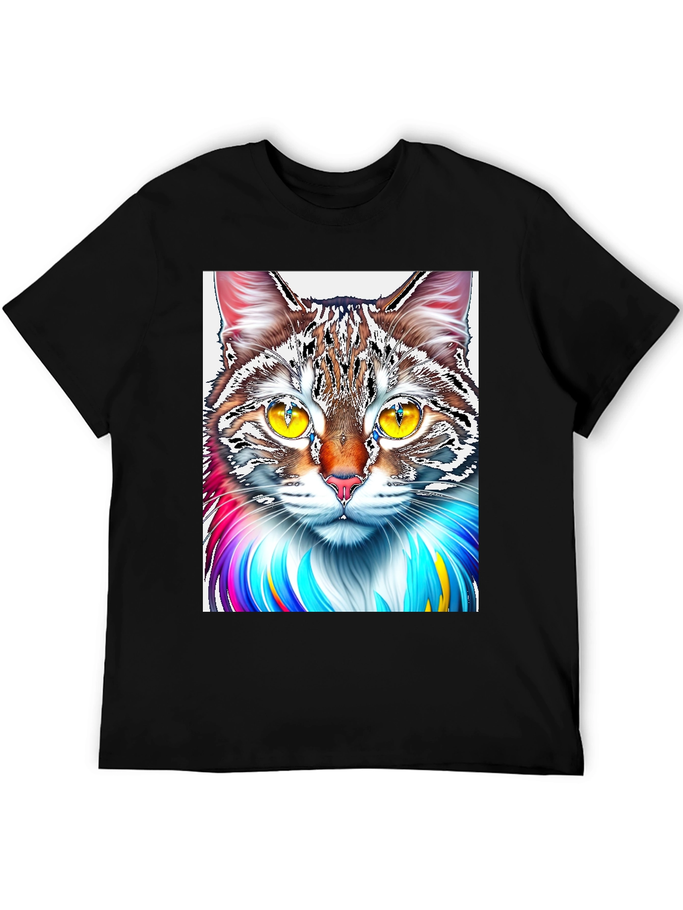 Black Colorful Cat Graphic Print Black T-Shirt view 5