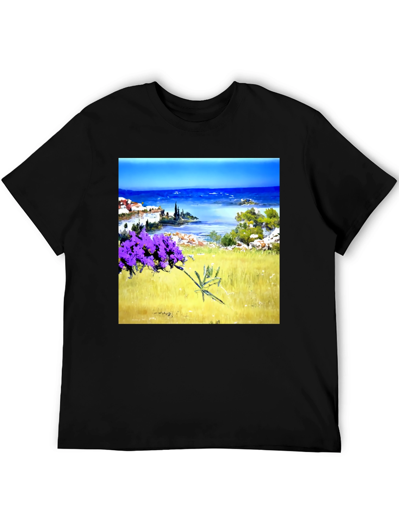Black Coastal Lavender Art Print Black T-Shirt view 5