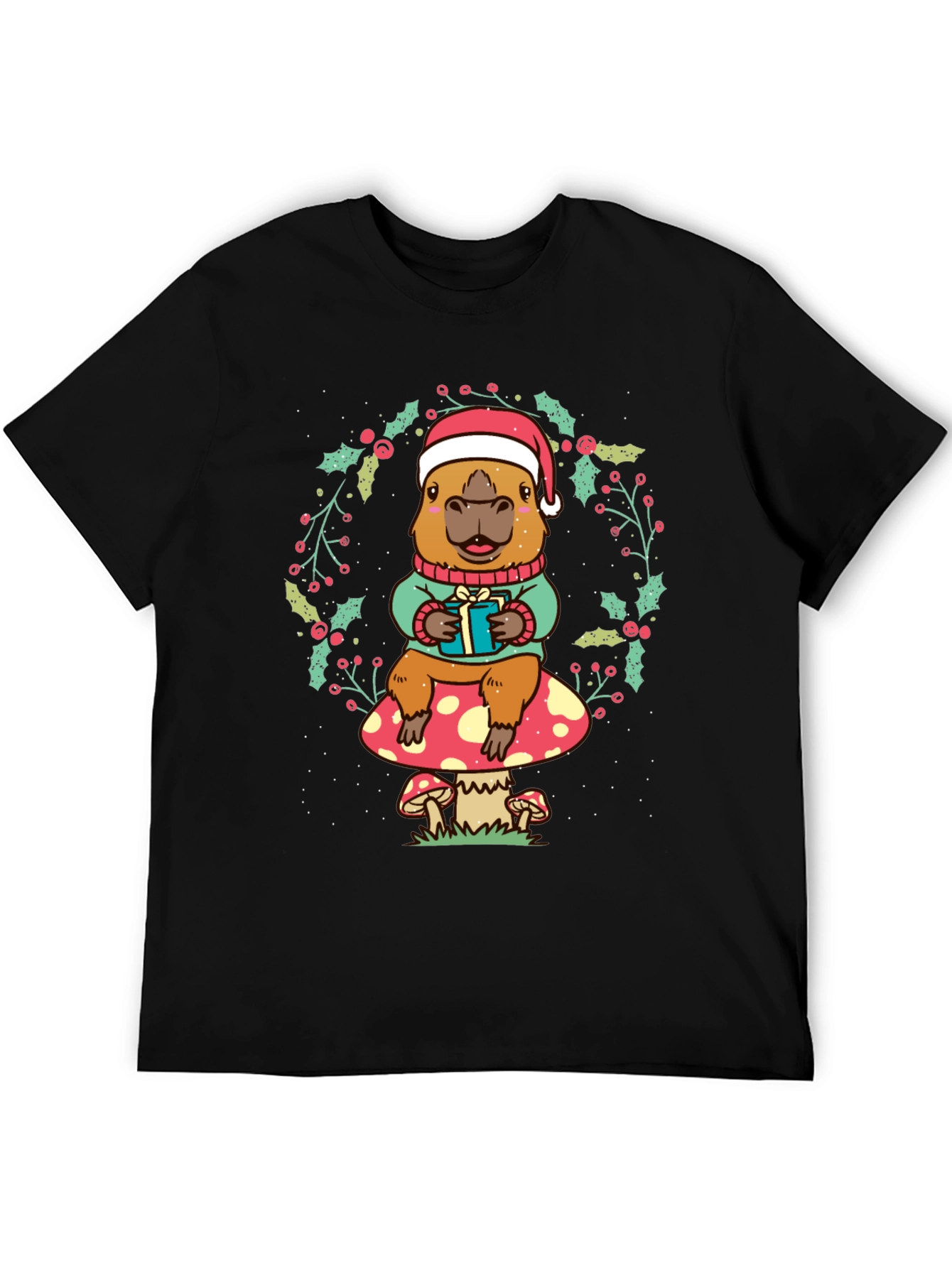 Black Festive Capybara Christmas T-Shirt view 5