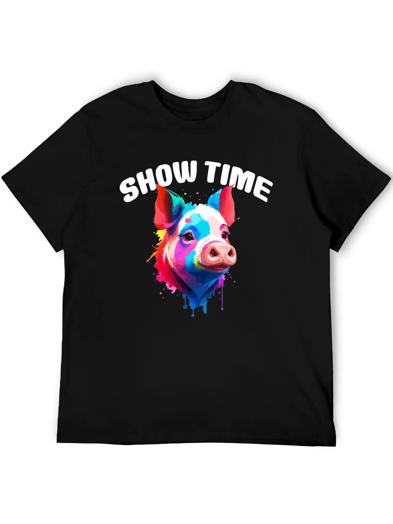 Black Show Time Pig T-Shirt: Colorful Animal Graphic Tee view 5