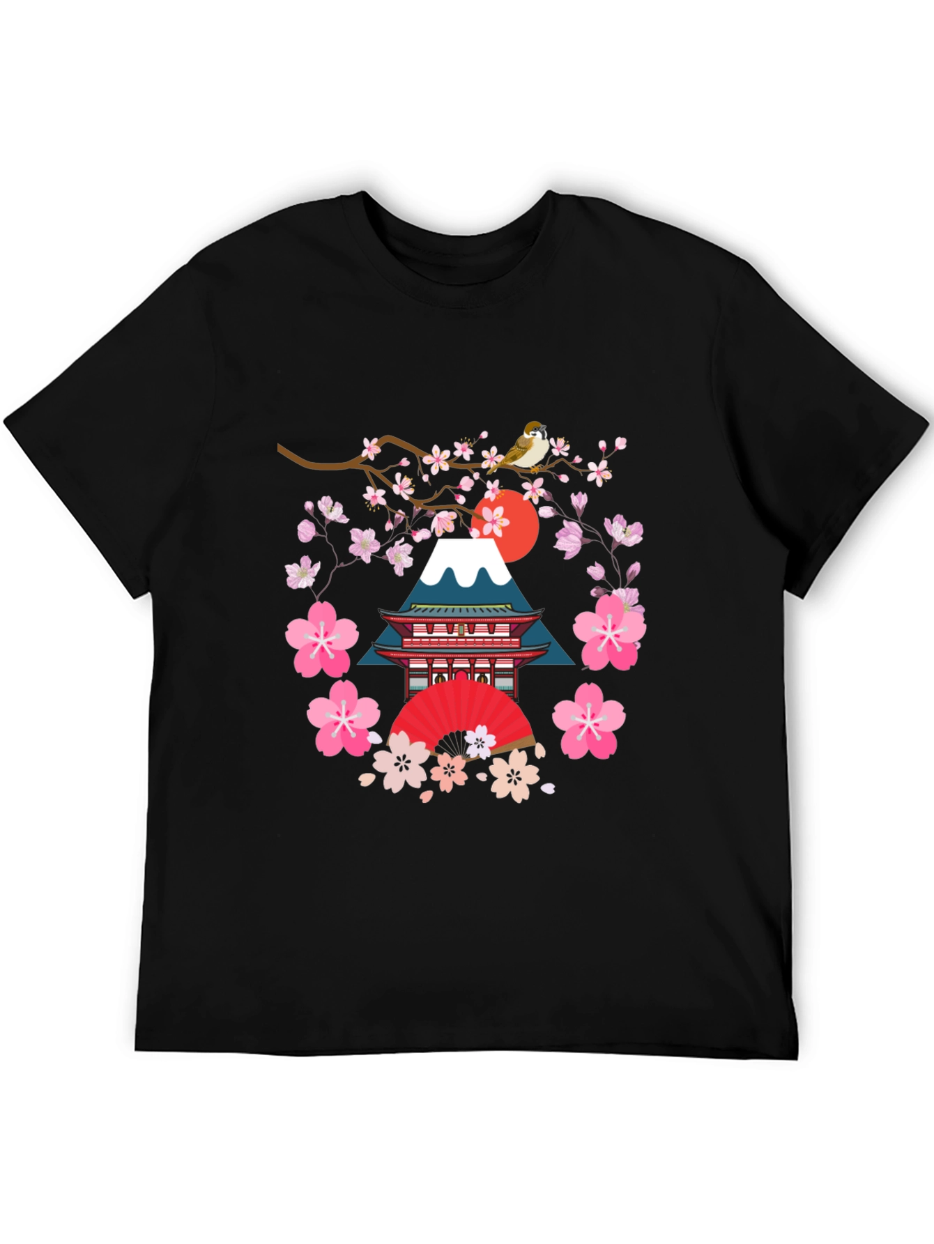 Black Japanese Art T-Shirt - Bird, Blossoms, and Mountain view 5