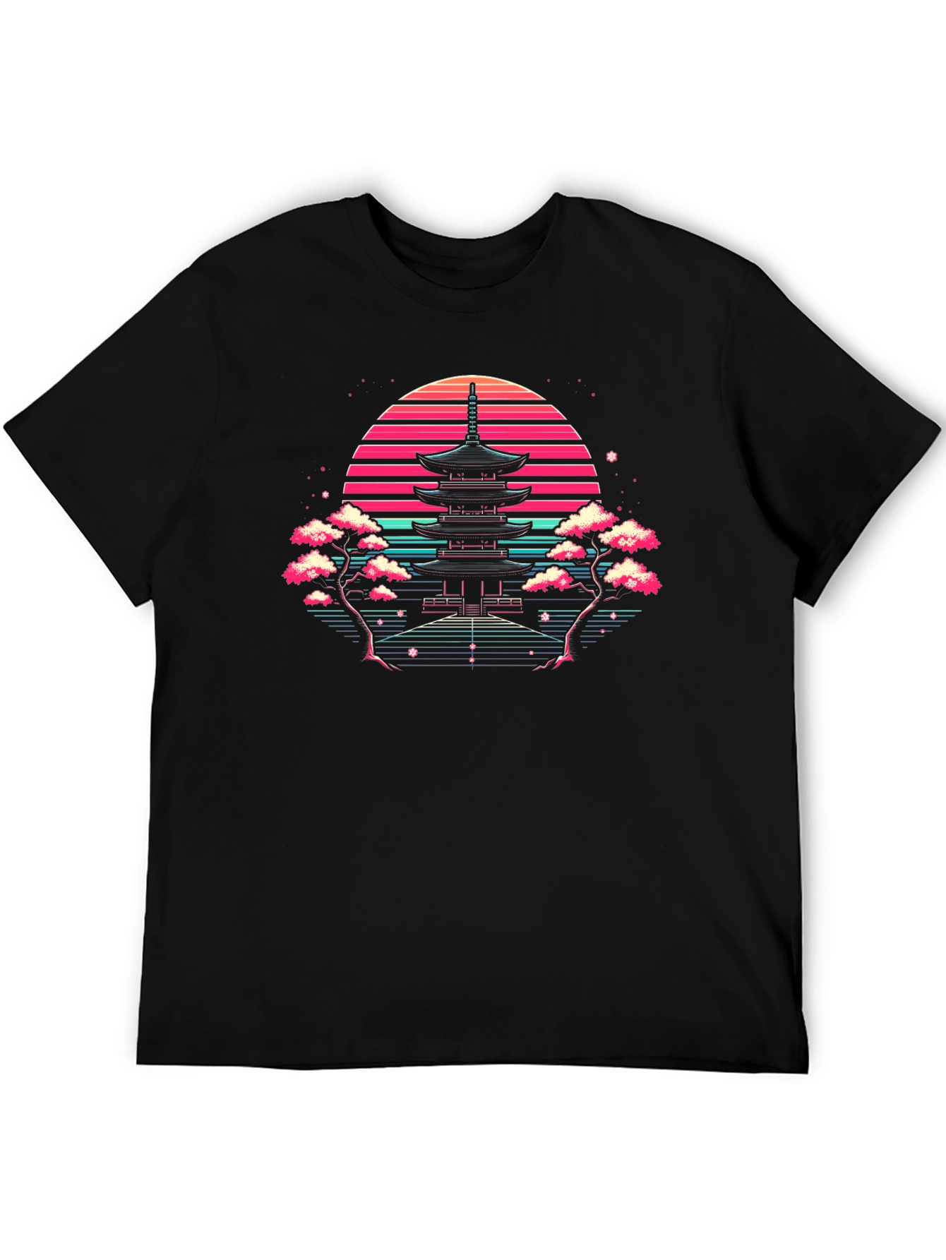 Black Retro Japanese Temple Sunset T-Shirt view 5