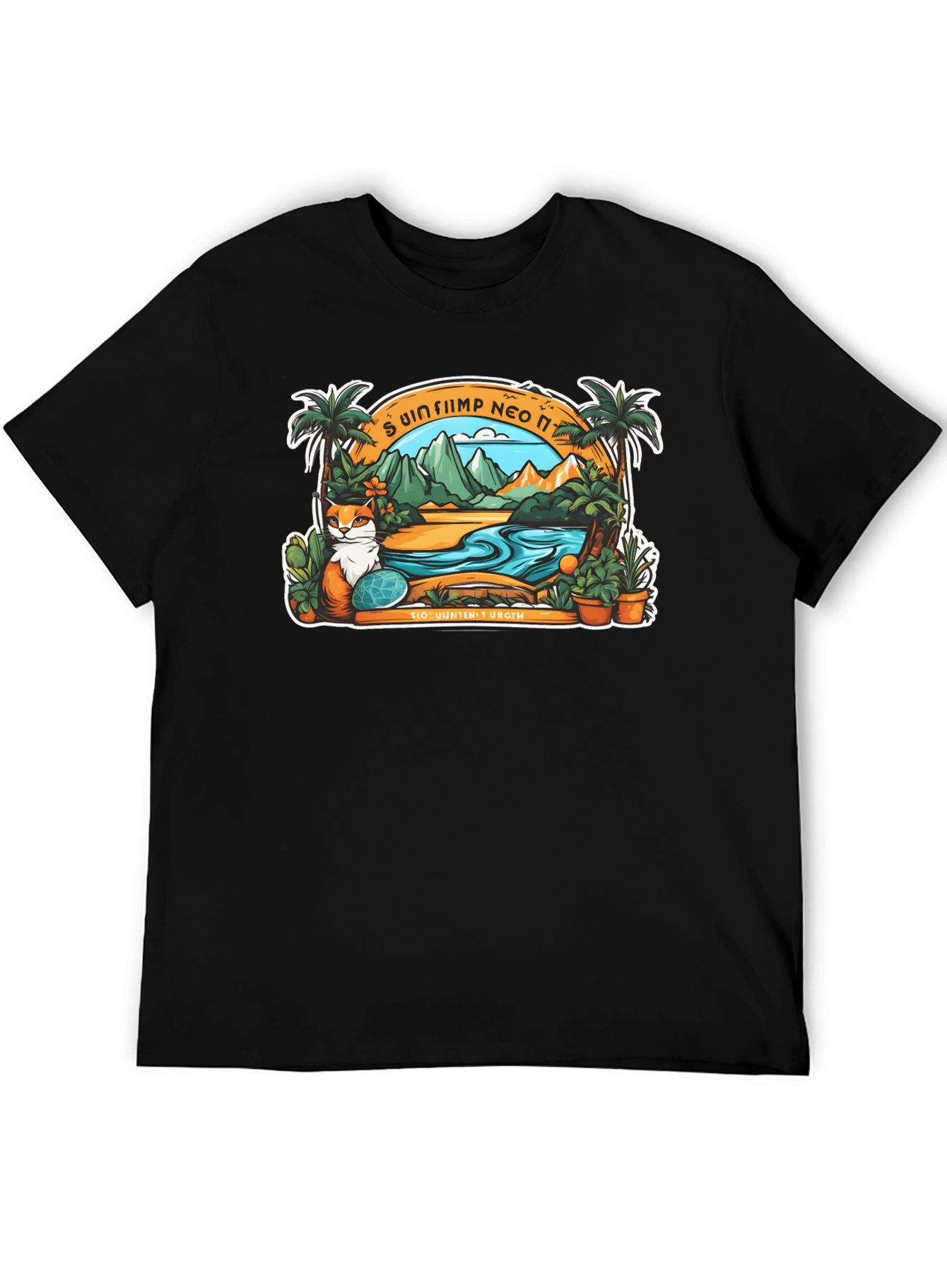 Black Tropical Cat Paradise Black T-Shirt view 5