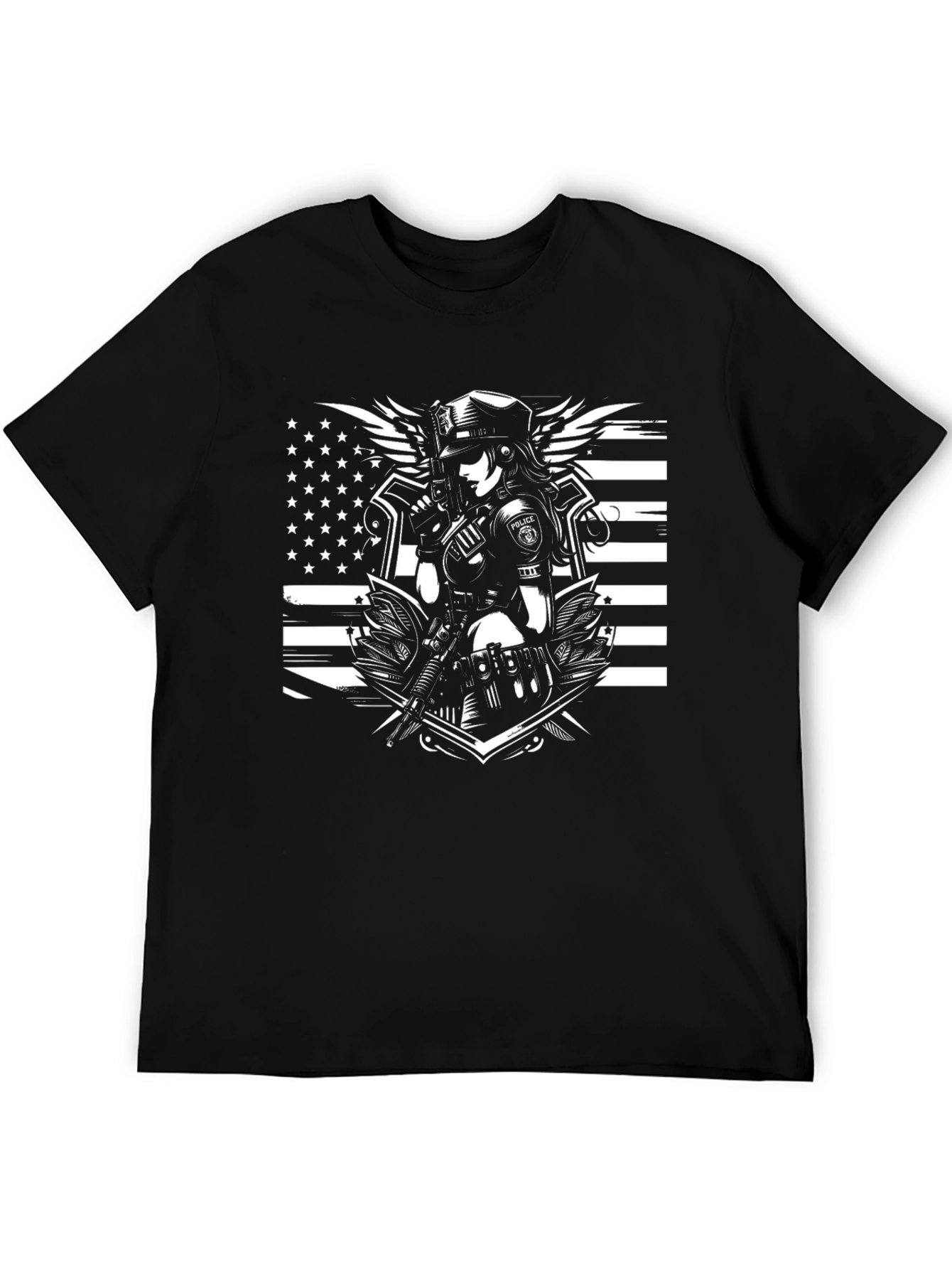 Black Police Woman Graphic T-Shirt - Black Crew Neck Tee view 5