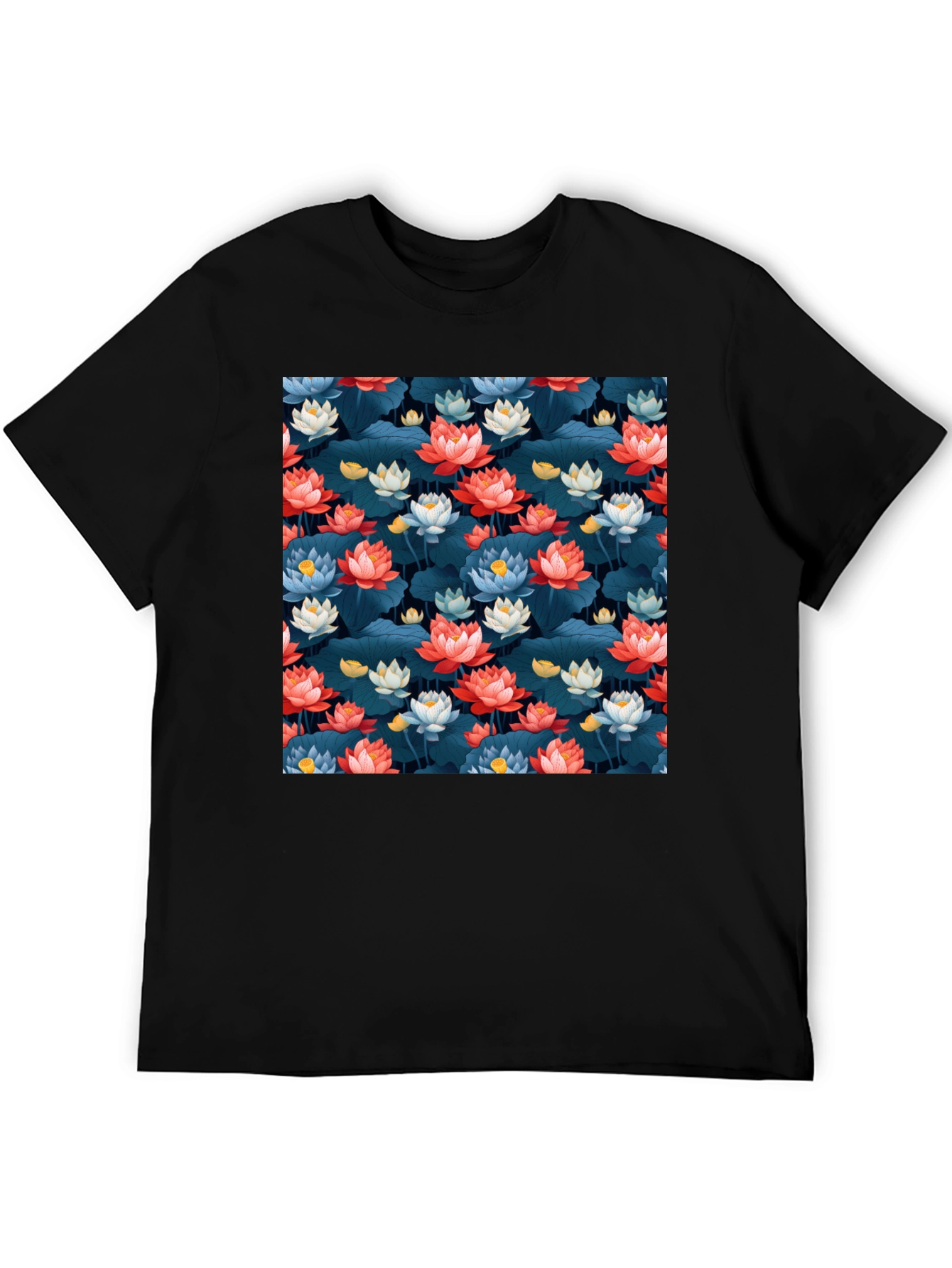 Black Lotus Flower Print Black T-Shirt view 5