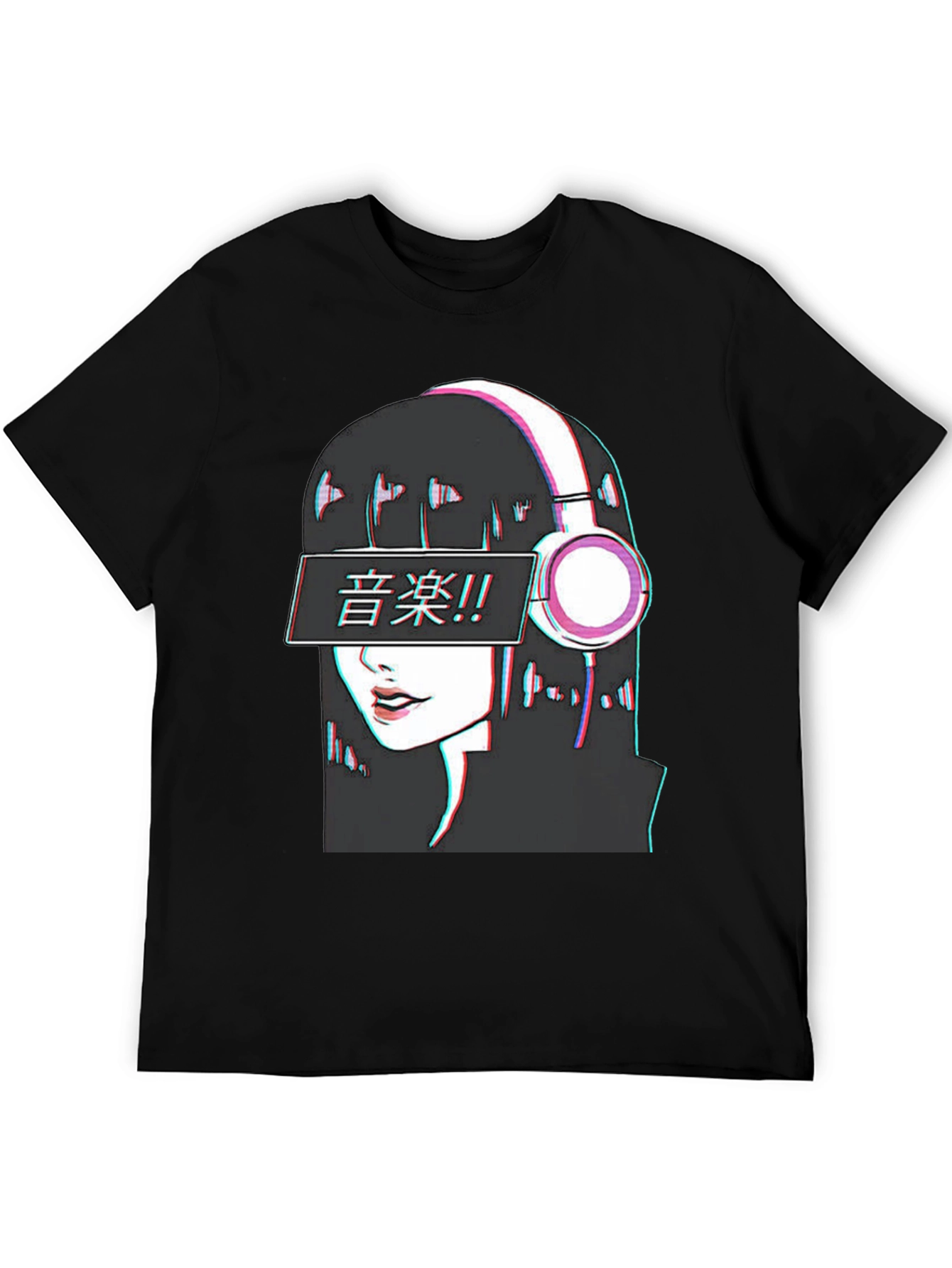Black Anime Girl Music T-Shirt - Glitch Effect view 5