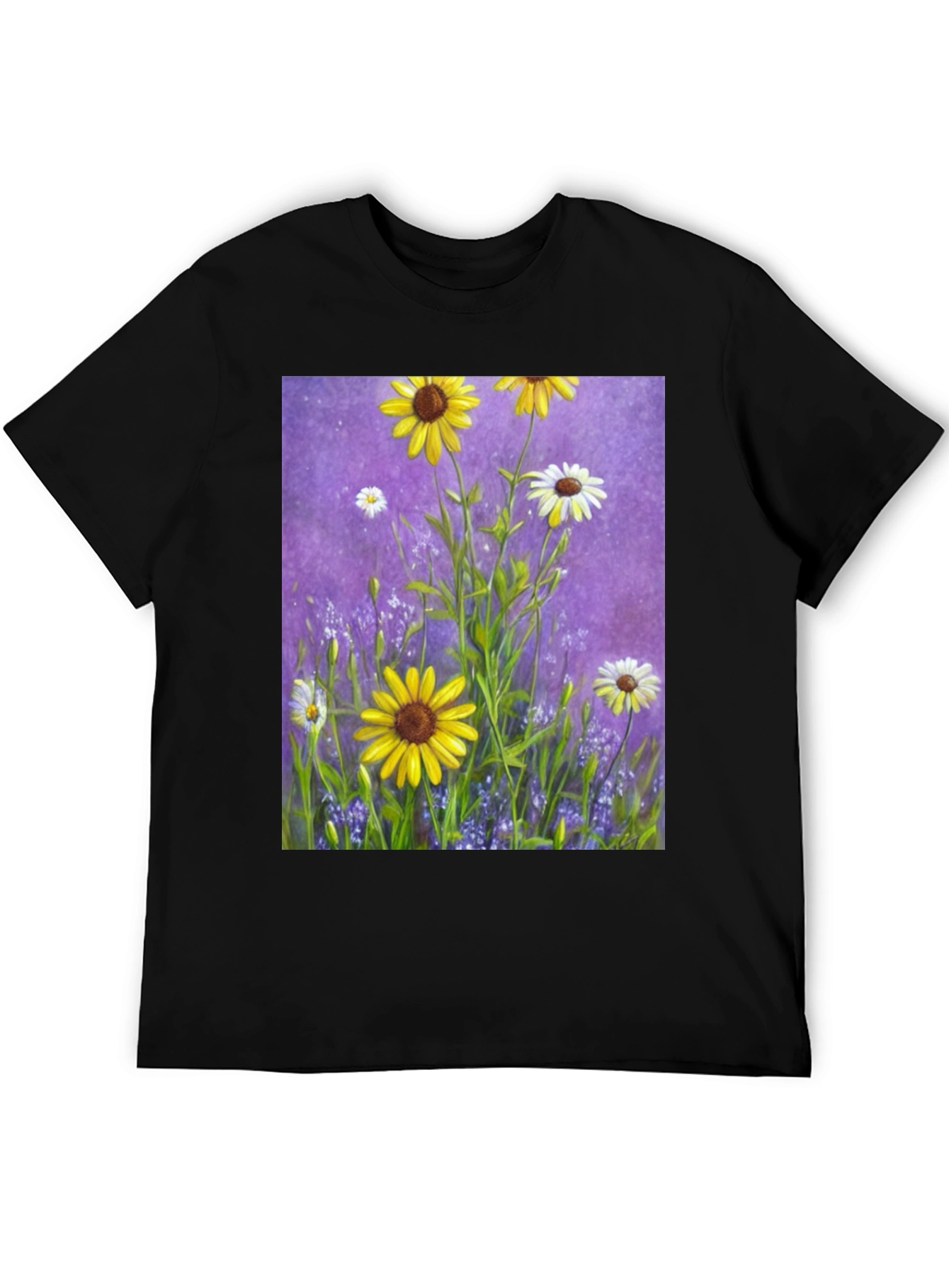 Black Floral Garden T-Shirt: Vibrant Sunflower Meadow Design view 5