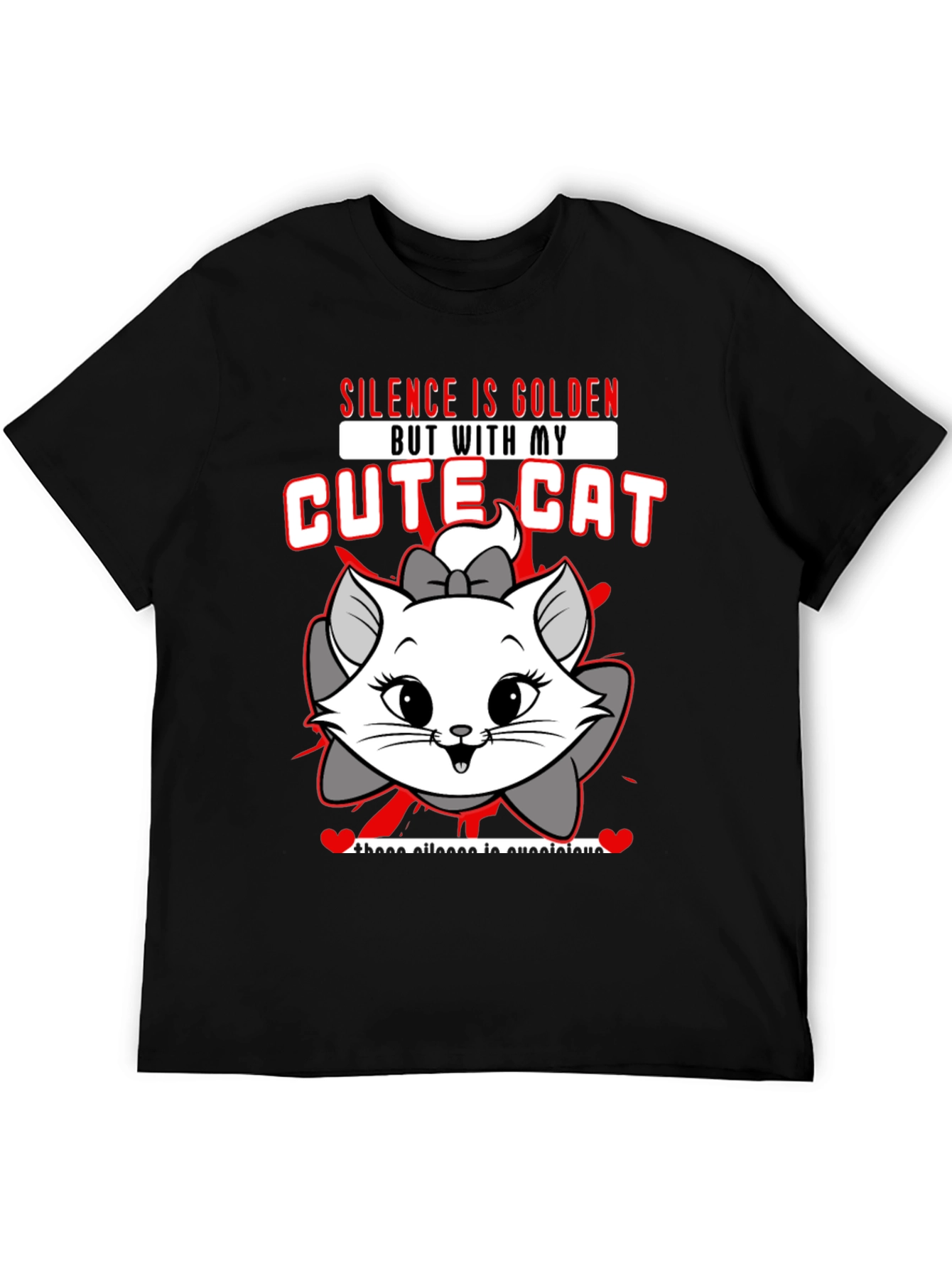 Black Cute Cat Graphic Tee - "Silence is Golden" view 5