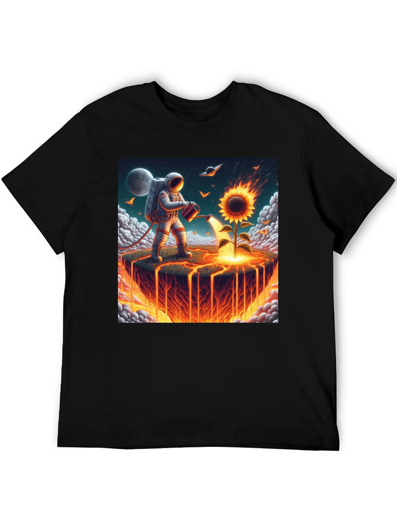 Black Astronaut Watering Fire Sunflower T-Shirt view 5