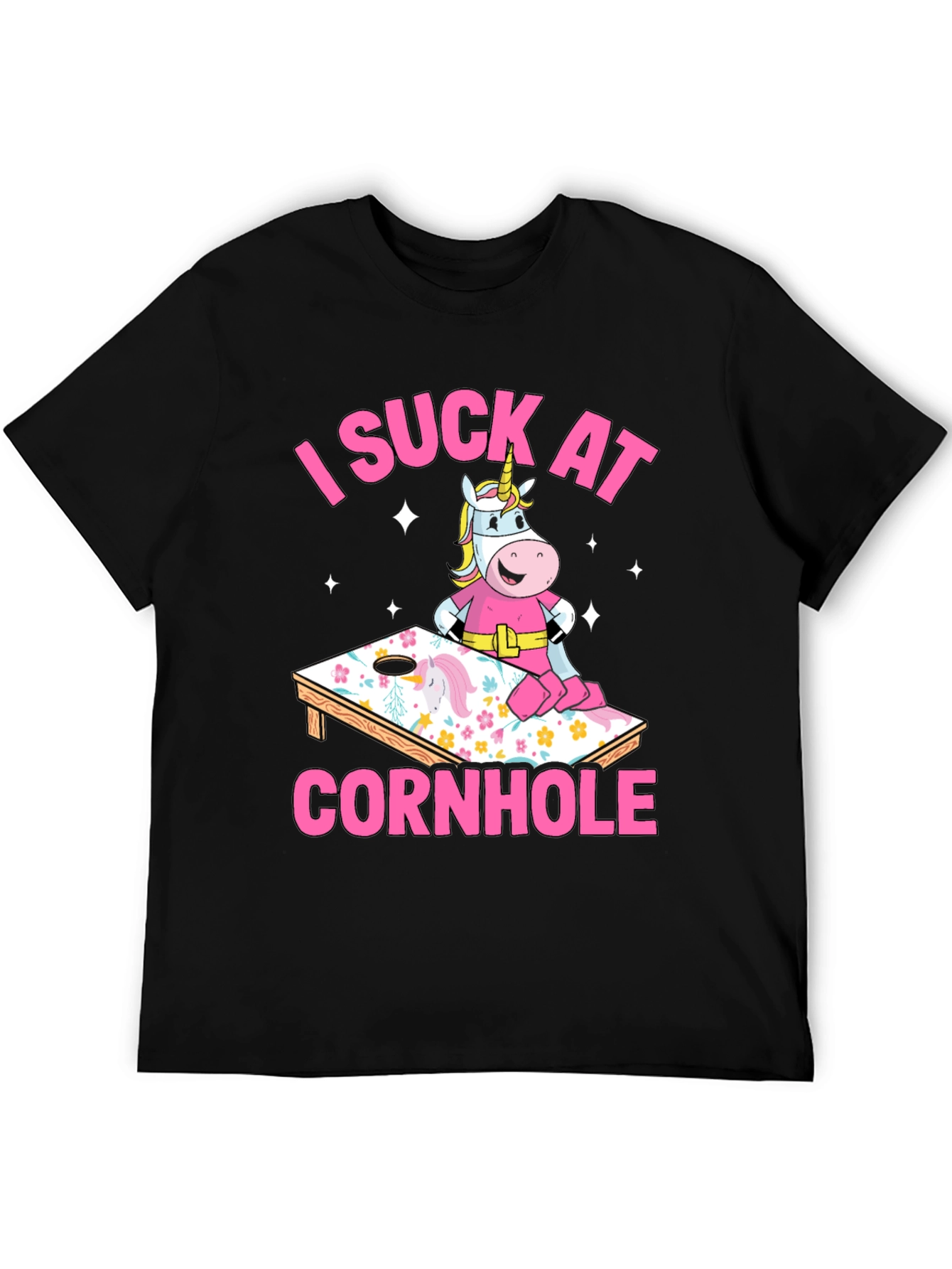 Black I Suck At Cornhole Unicorn T-Shirt view 5