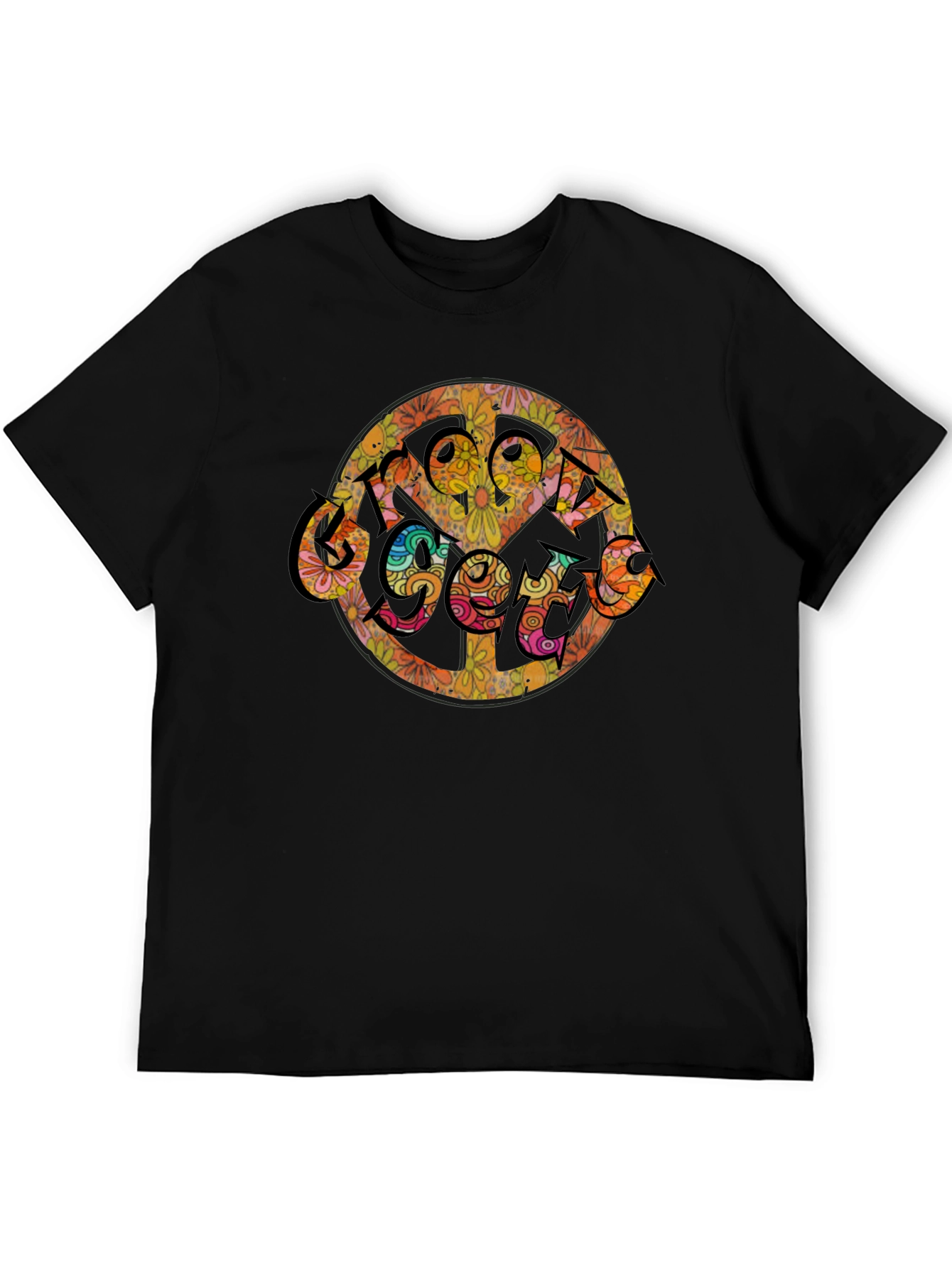 Black Groovy Retro Floral Peace Sign T-Shirt view 5
