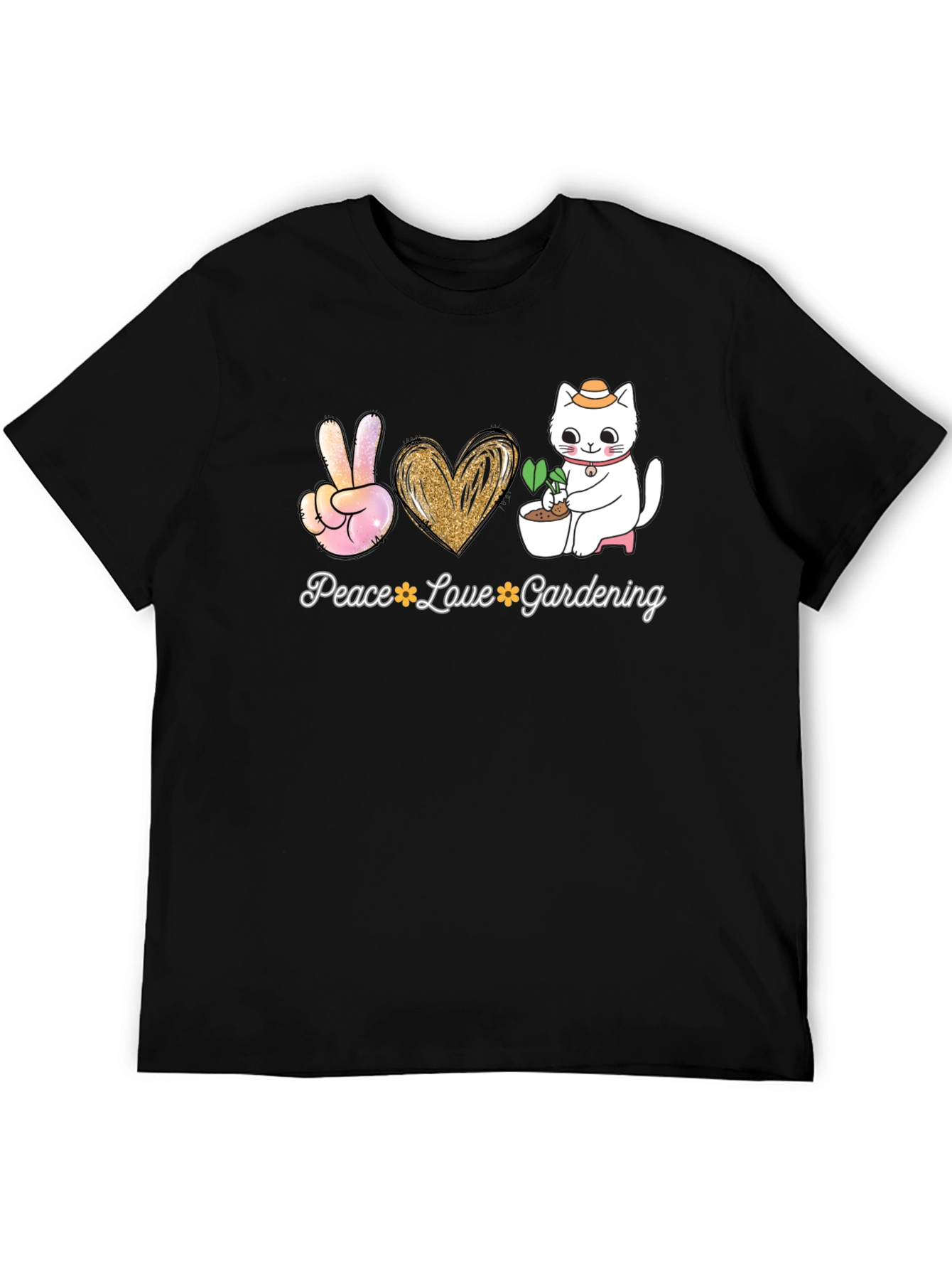Black Peace Love Gardening T-Shirt - Cat Lover Tee view 5